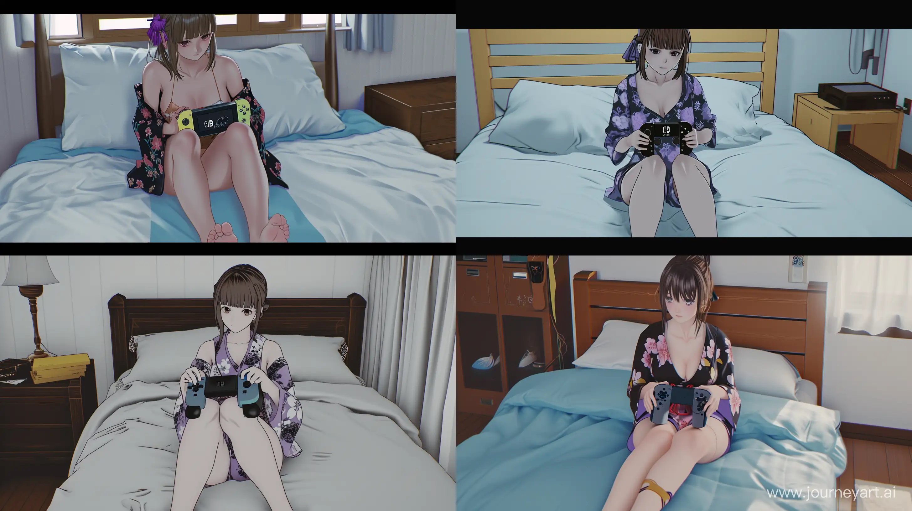AnimeStyle-Girl-in-Mini-Kimono-Enjoying-Switch-Console-Gaming