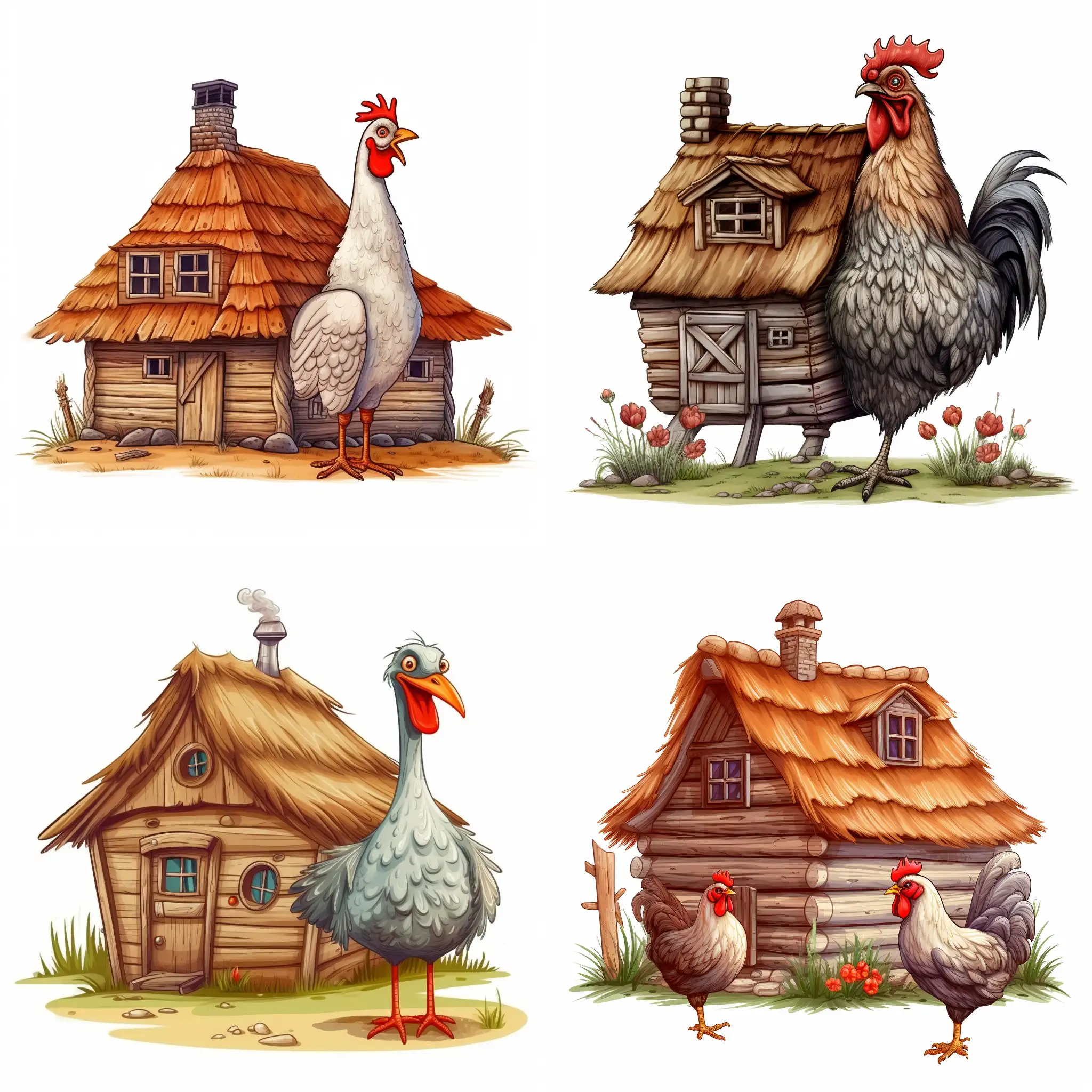 An old, small log house, with a roof of dry grass, stands on two large chicken legs, on a white background, cartoon style