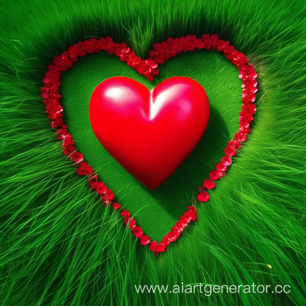 красное Сердце в зеленой траве весной