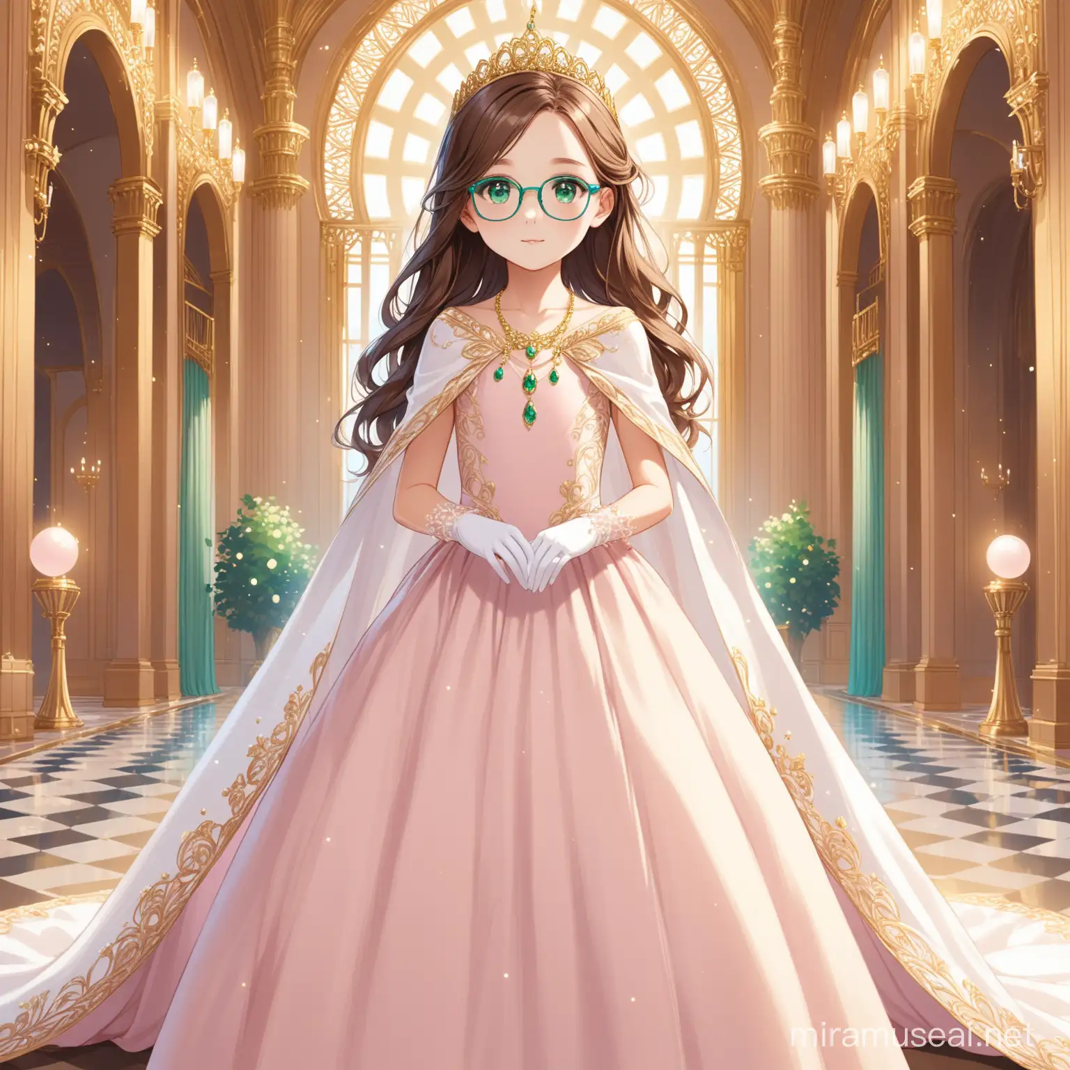11 year old girl, long flowy brown hair, pale pink ball gown, white evening gloves, green eyes, blue glasses, dainty white shoes, gold necklace, fancy palace, white flowy cape,