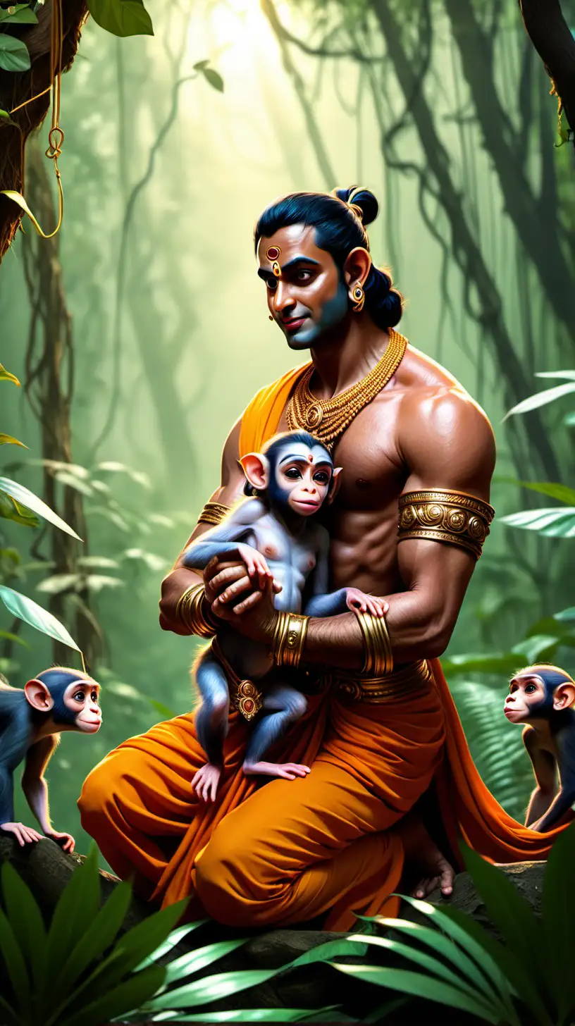 handsome lord Ram  playing with small baby monkey in a jungle in Disney Style