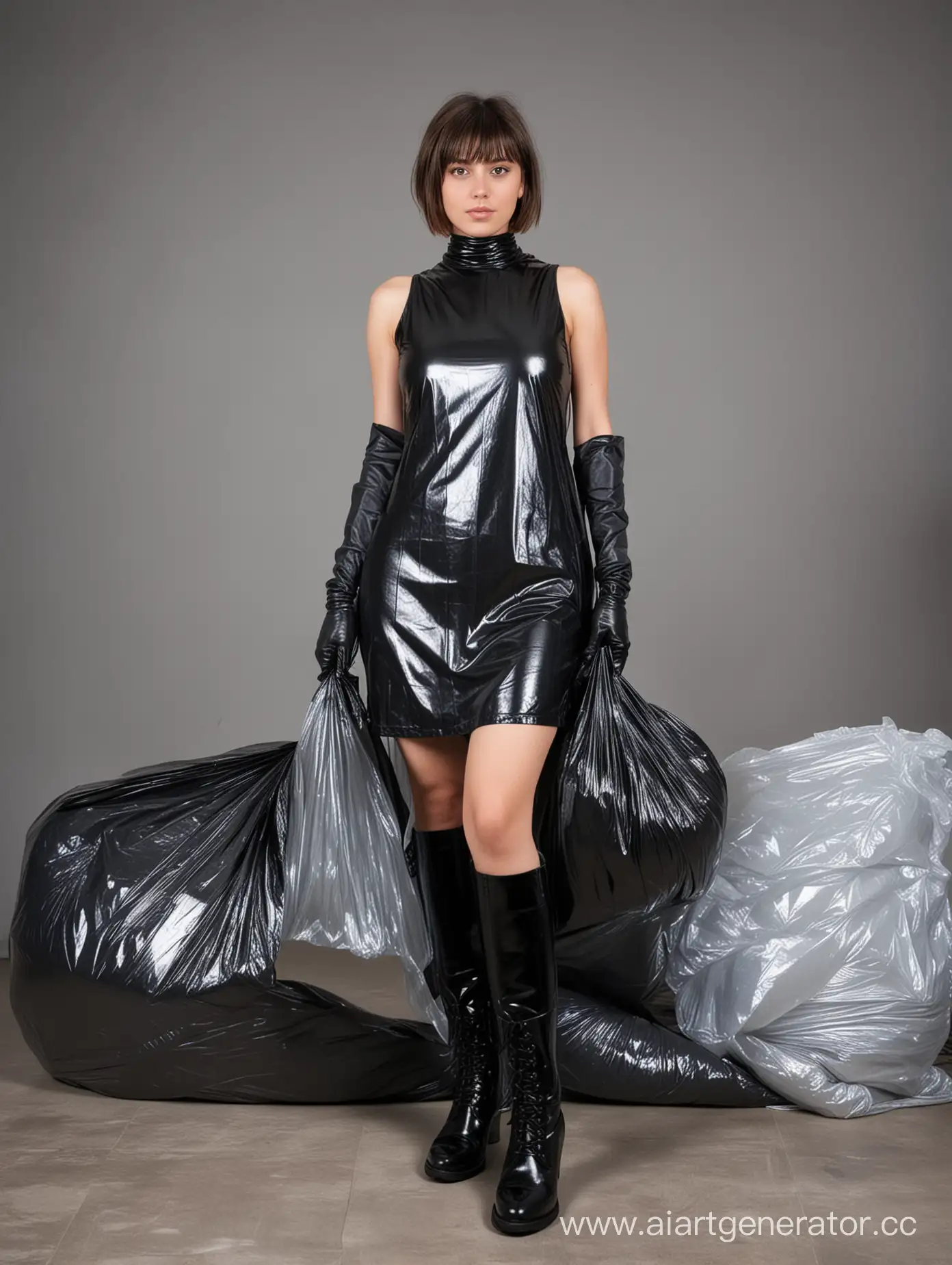 Девушка 18 лет, в руках черный мусорный пакет, короткая стрижка, длинное облегающее платье из серого мусорного пакета, черные глянцевые сапоги, перчатки, полиэтиленовая комната, валяются мусорные пакеты.