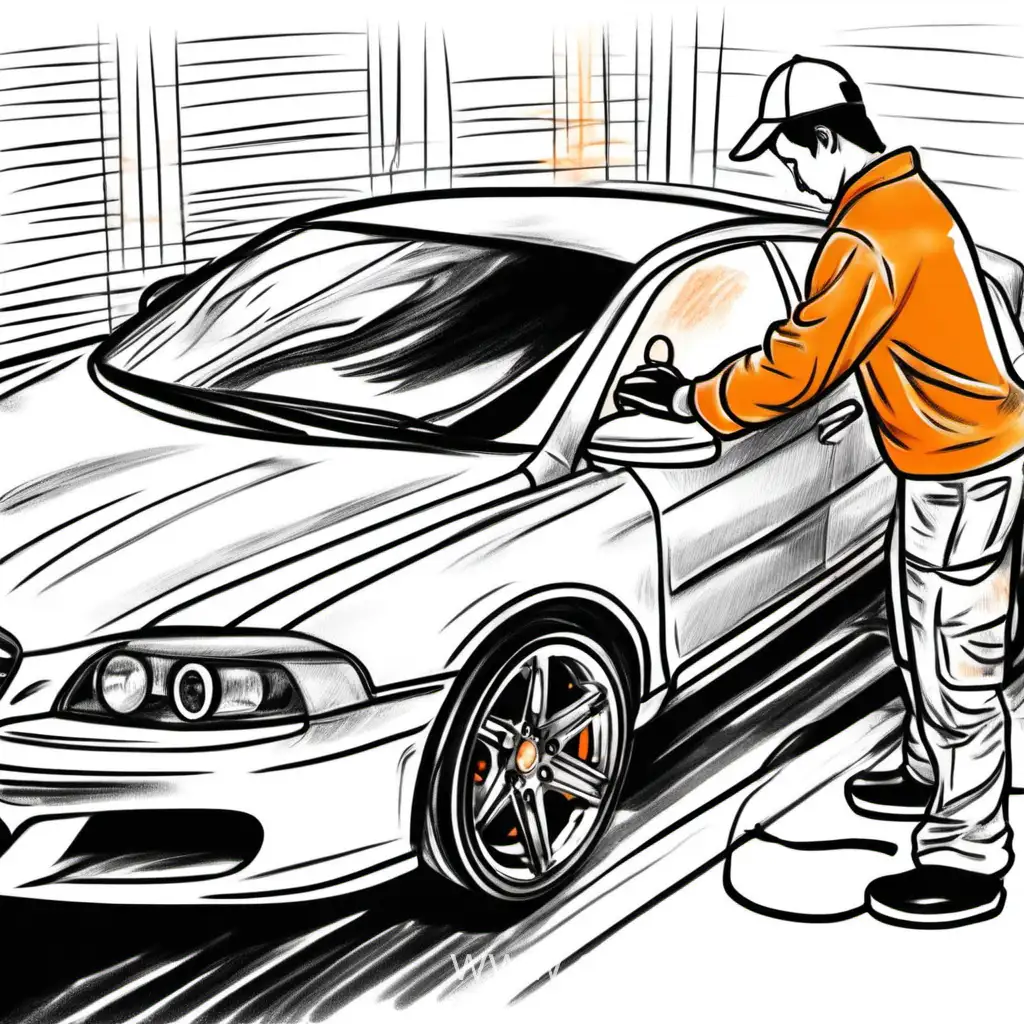Draw a person polishing a car. Colors: black, white, orange.