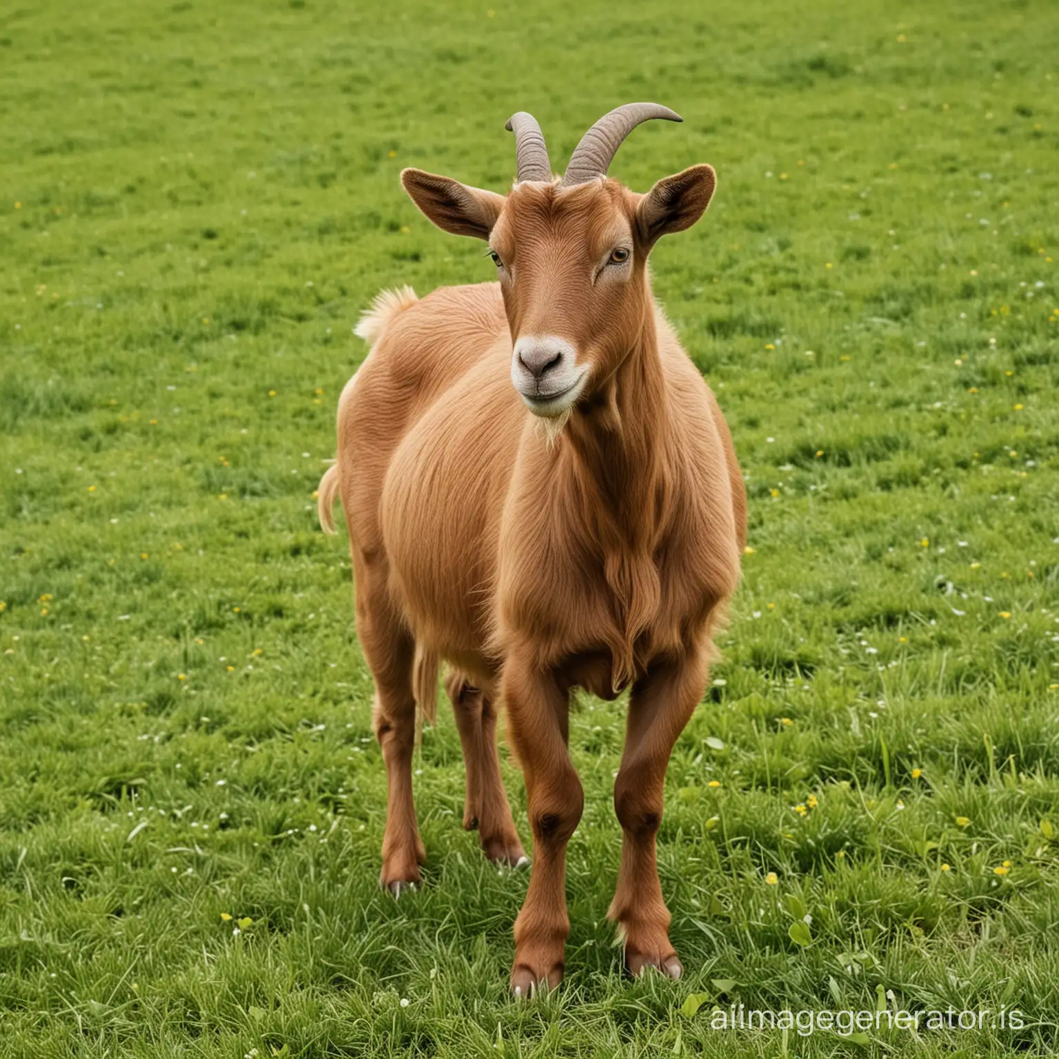 Brown-Goat-Grazing-on-Lush-Green-Field