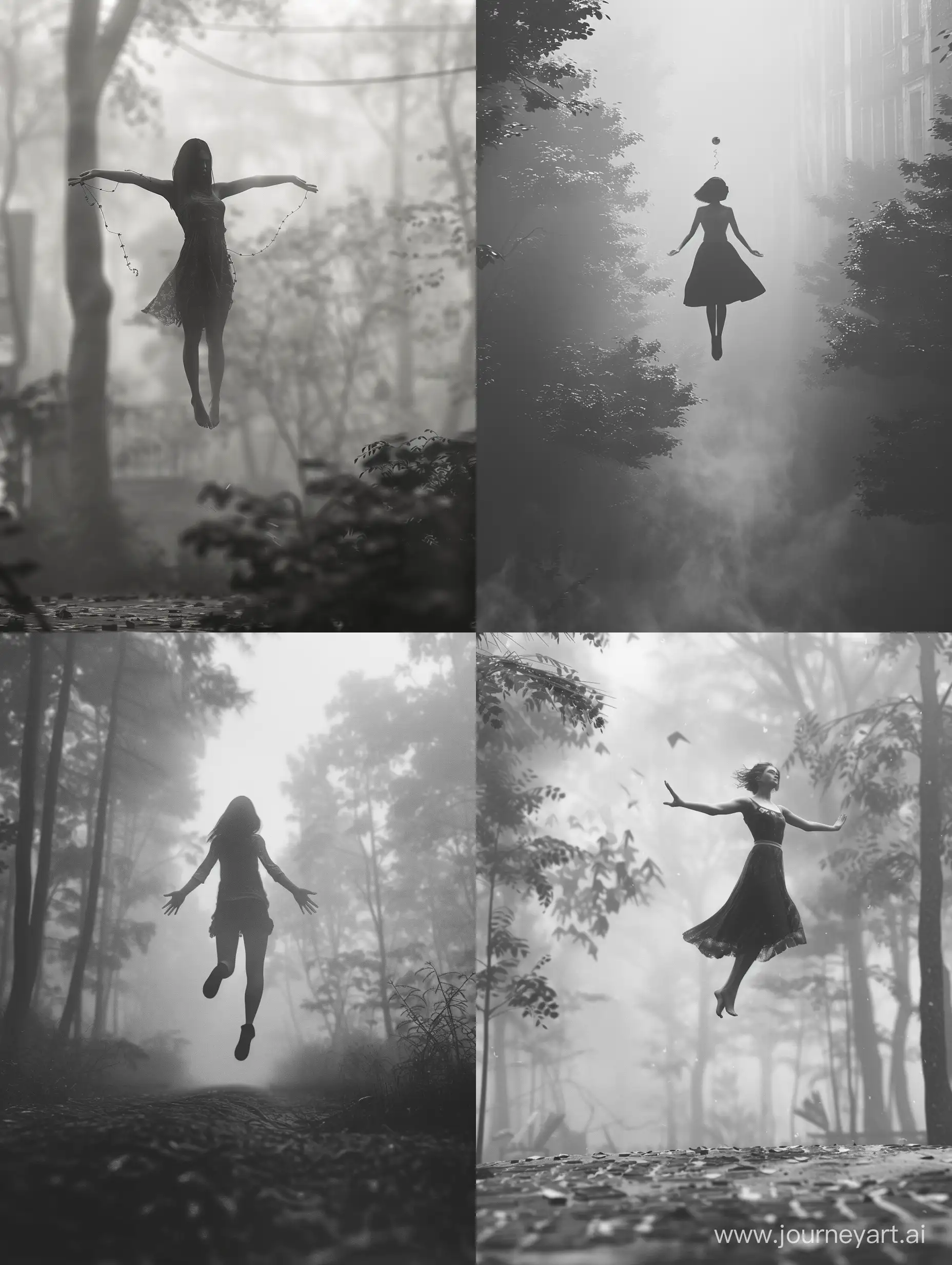 Woman levitating, eerie foggy forest, pagan horror, dark horror, dark aesthetics, grayscale, Professional Kader, hyper realistic, ultra detailed photograph, captured with a 85mm lens, f4. 6, bokeh, ultra detailed, ultra accurate detailed, urban settin, ultra unreal engine, intricate
