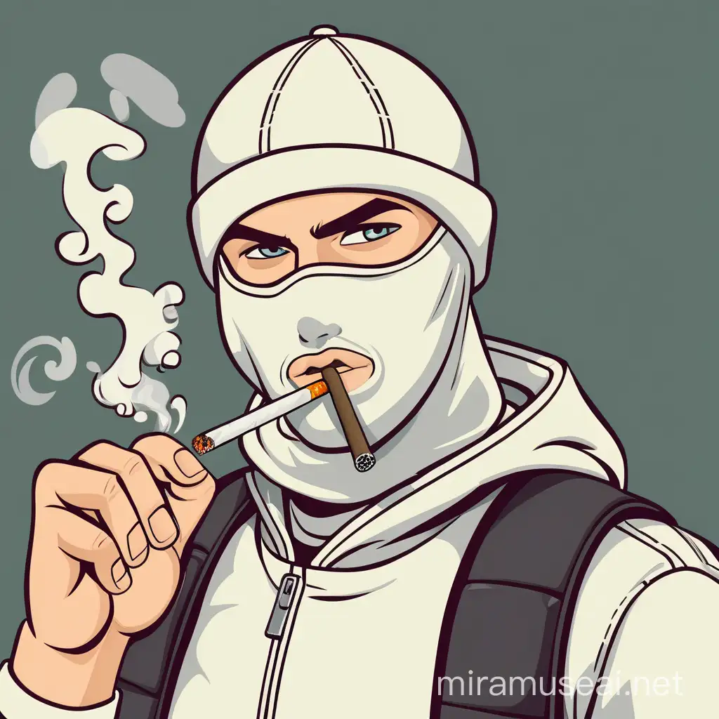 cartoon Caucasian hooligan wearing balaclava smoking a joint