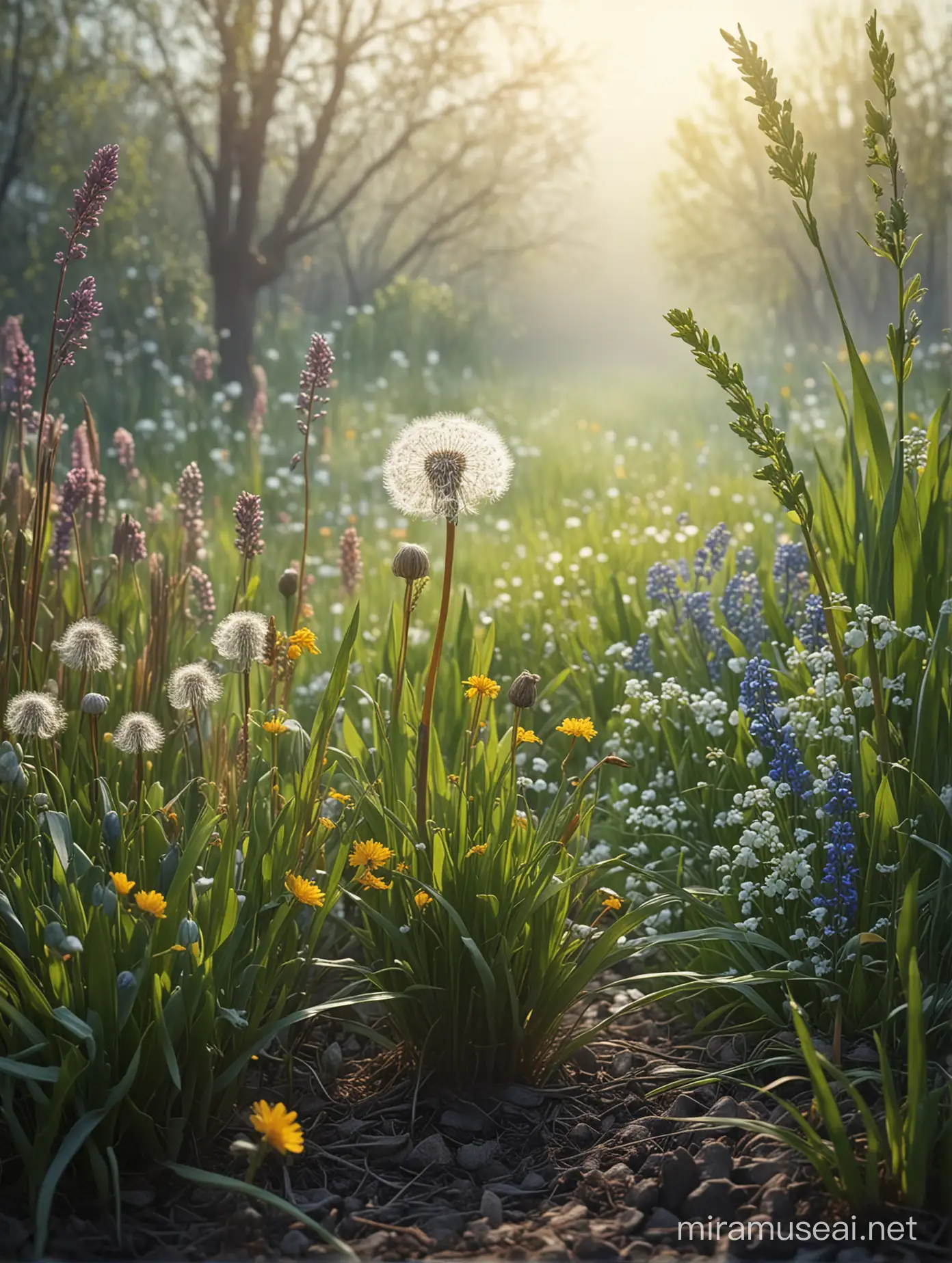 dandelion, hyacinth, lily of the valley, saffron, willow buds, grass... all in the foreground. The background is hazy, bright, fantasy style, realistic digital photography