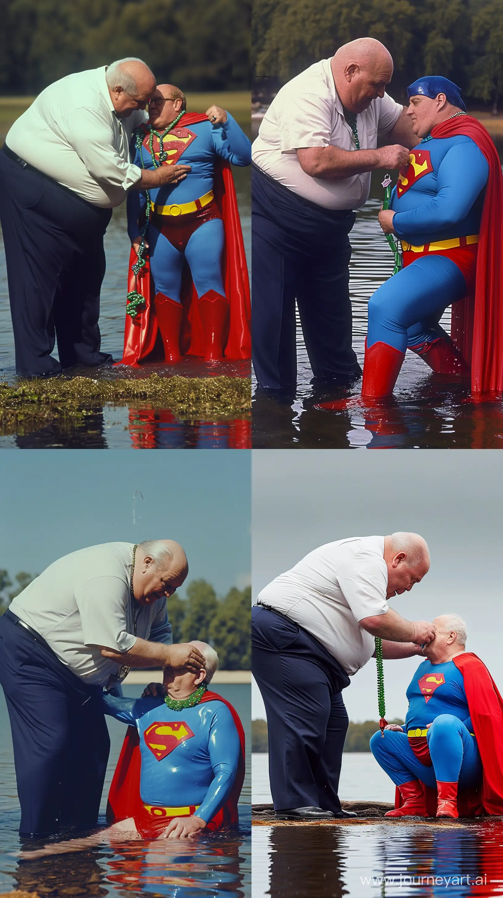 Elderly-Man-Assists-Superhero-in-Water-with-Unique-Green-Necklace