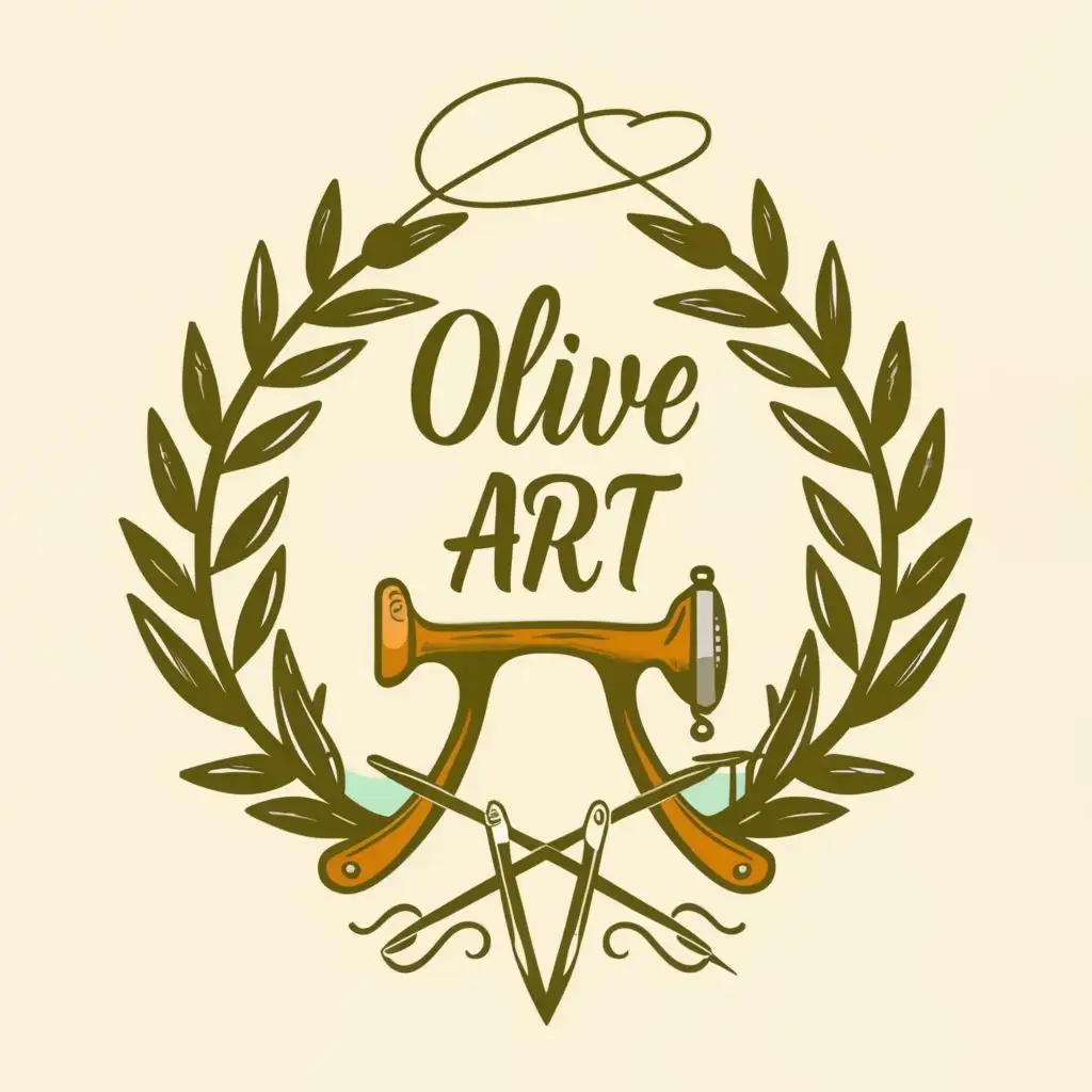logo, Laurel leaf wreath, Sewing Machine, Needle, Thread, with the text "Olive Art", typography