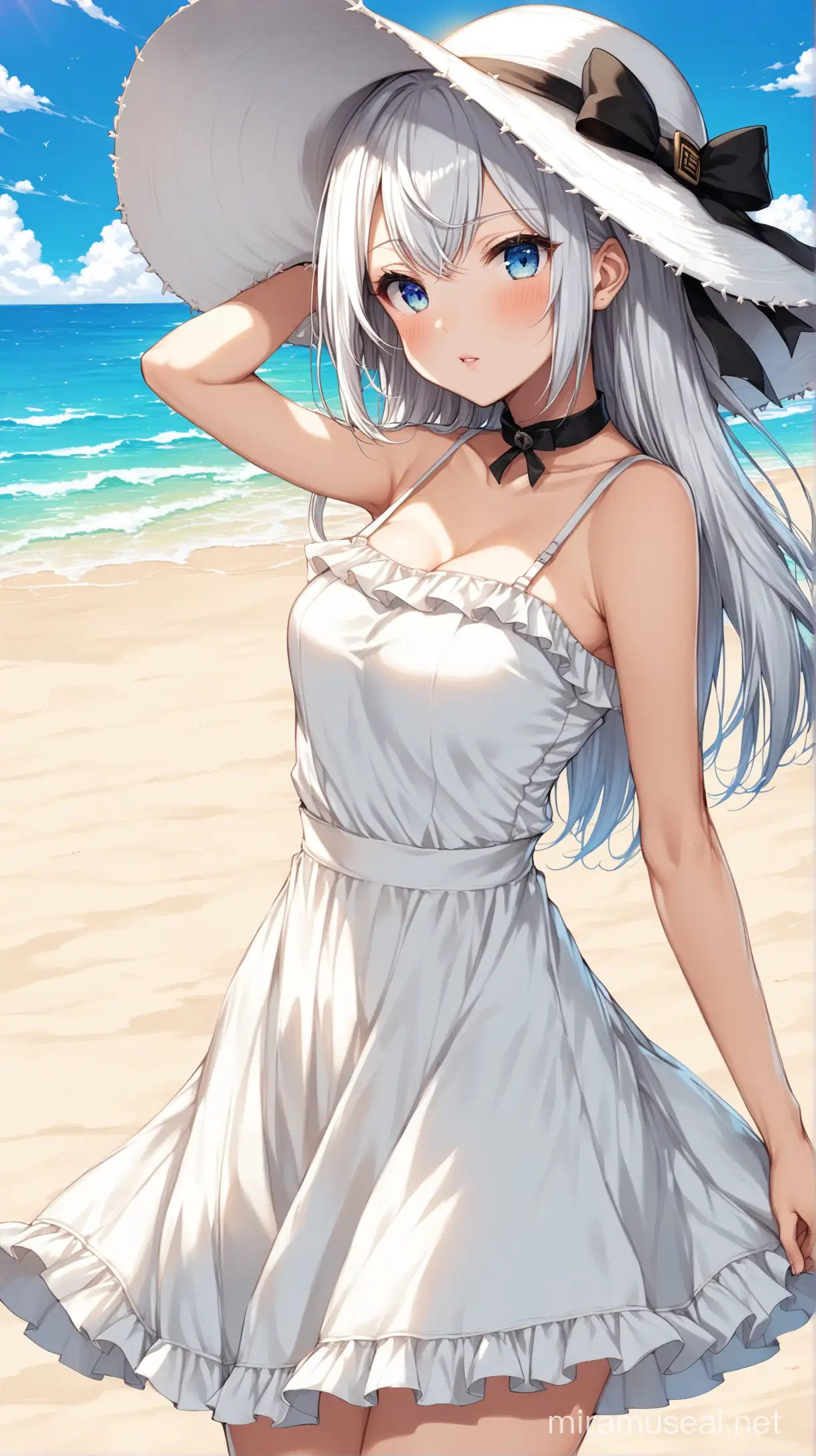 Aesthetic ((Kei Shirogane/Kaguya-sama: Love is War)), ((long silver white hair)), ((blue eyes)), a white sundress with thin straps, skirt ruffles, ((wearing a large brim white floppy beach hat))