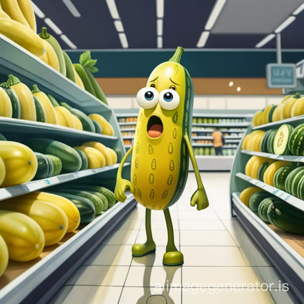 a yellow cucumber with a confused and sad facial expression standing in a busy shopping center