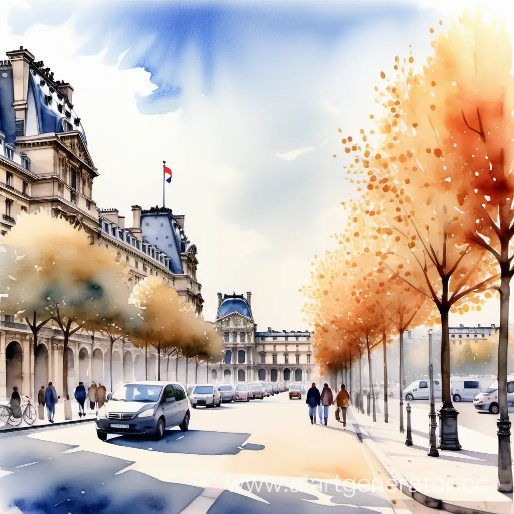 watercolor, realistic illustration, Paris street, Louvre, beautiful panorama, no people around, sunny day, high quality, detail, pearl tones, early morning, нет людей и машин, не осень