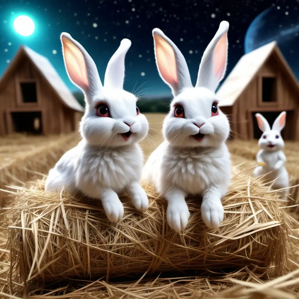 happy looking, very cute fantastic realm rabbits, on a hay intergalactic hay field, near a wooden ranch, saw from far, cute eyes, ultra realistic
