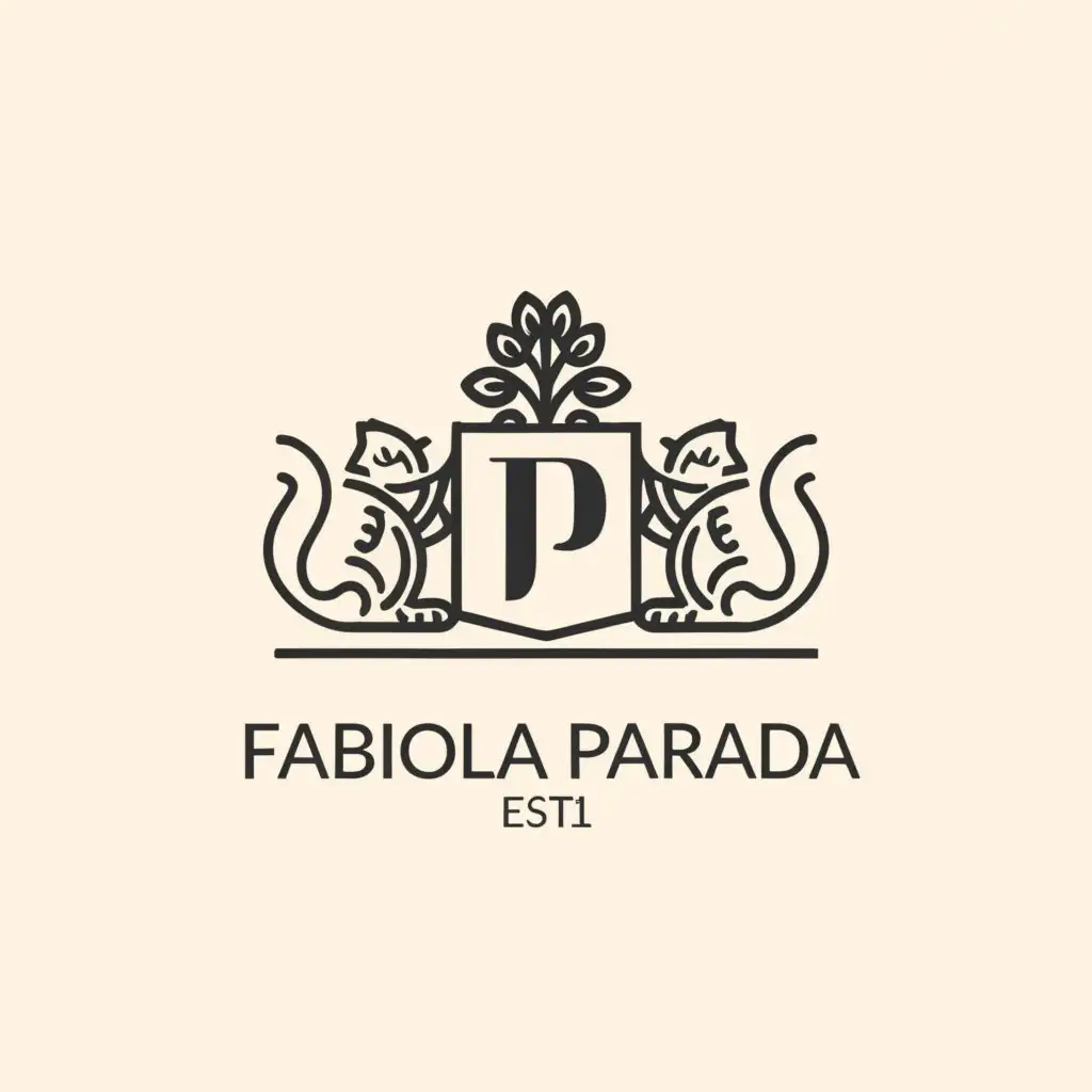 a logo design,with the text "FP, Fabiola Parada", main symbol:Coat of arms drawn with two Persian cats in profile, a tree and an open book.,Minimalistic,be used in Real Estate industry,clear background