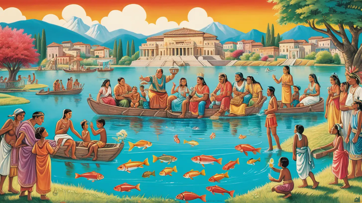 Ancient City by the LifeGiving Lake Joyful Community Life and Royalty in Vibrant Pop Art Style