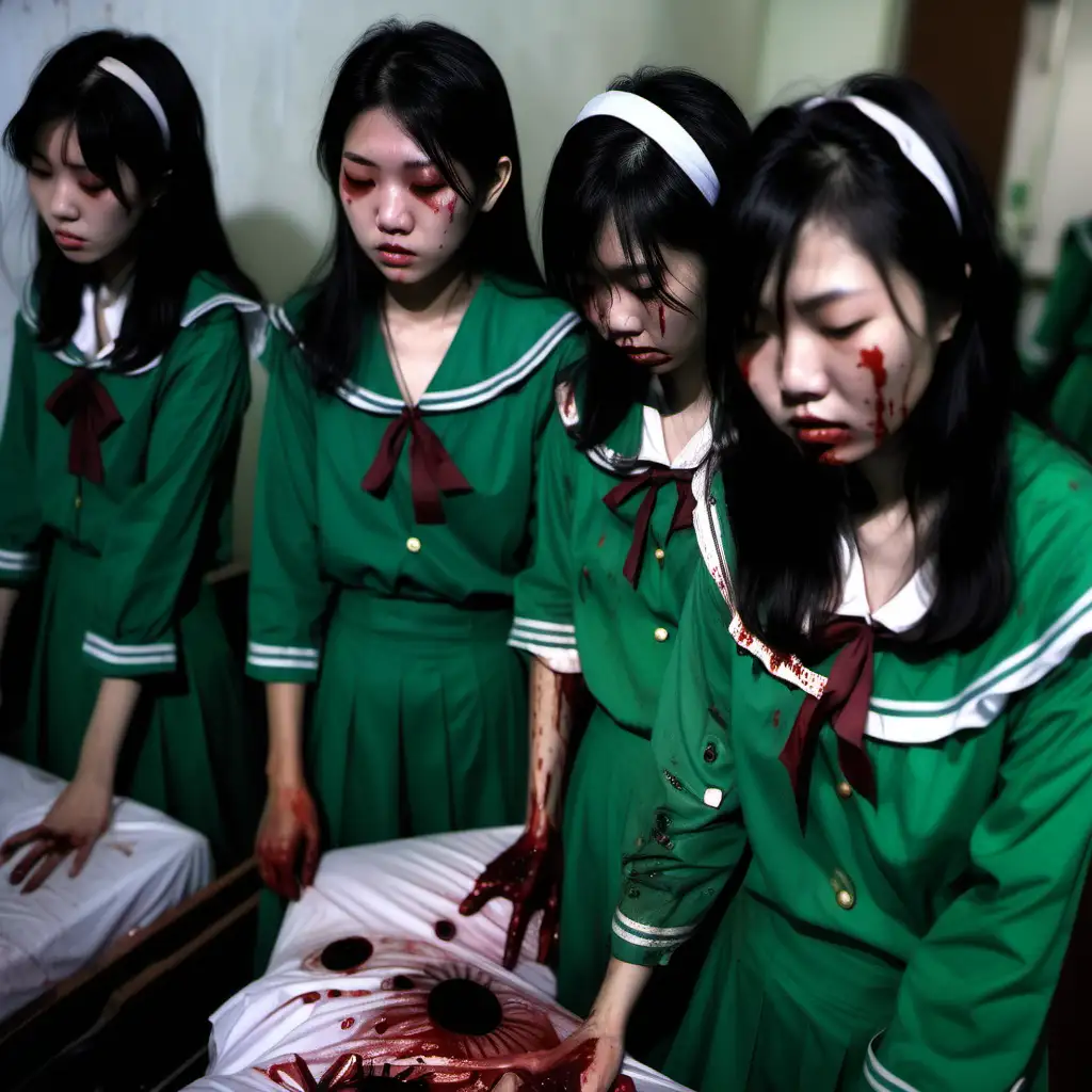 几位穿着绿色水手服的香港女学生尸体，全身是血，她们穿着破烂的裙子，静静睡在一起卧室的床上，闭上了双眼