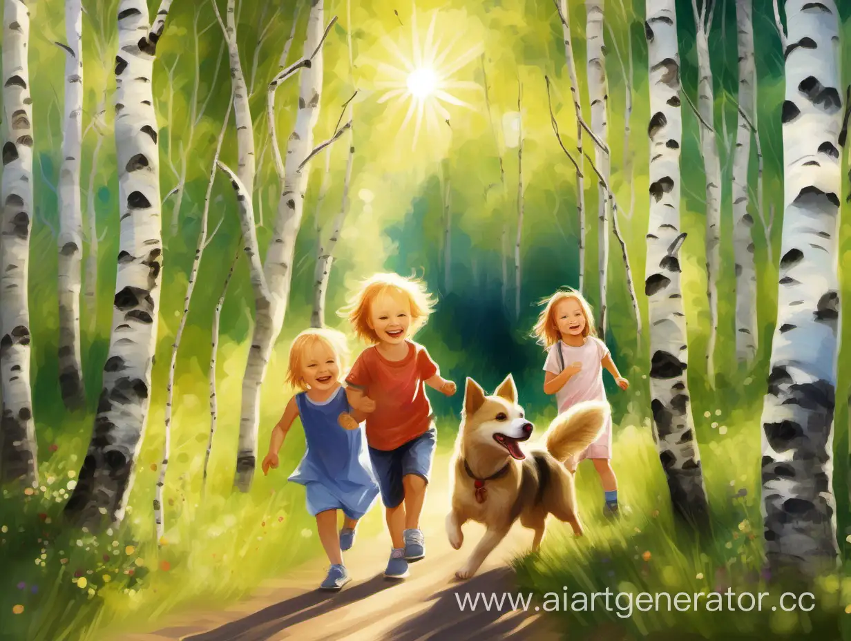 дети гуляют по берёзовому лесу, улыбаются, светит солнце, лето, рядом бежит собачка
