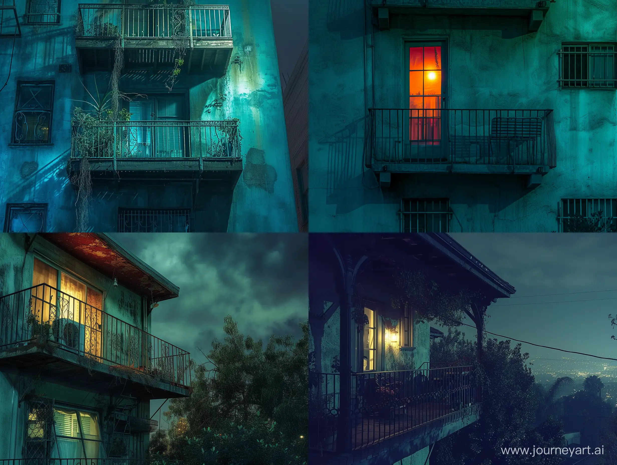 los angeles, vivid , detailed. balcony scene ,moody, nighttime, "Environment, photograph,
