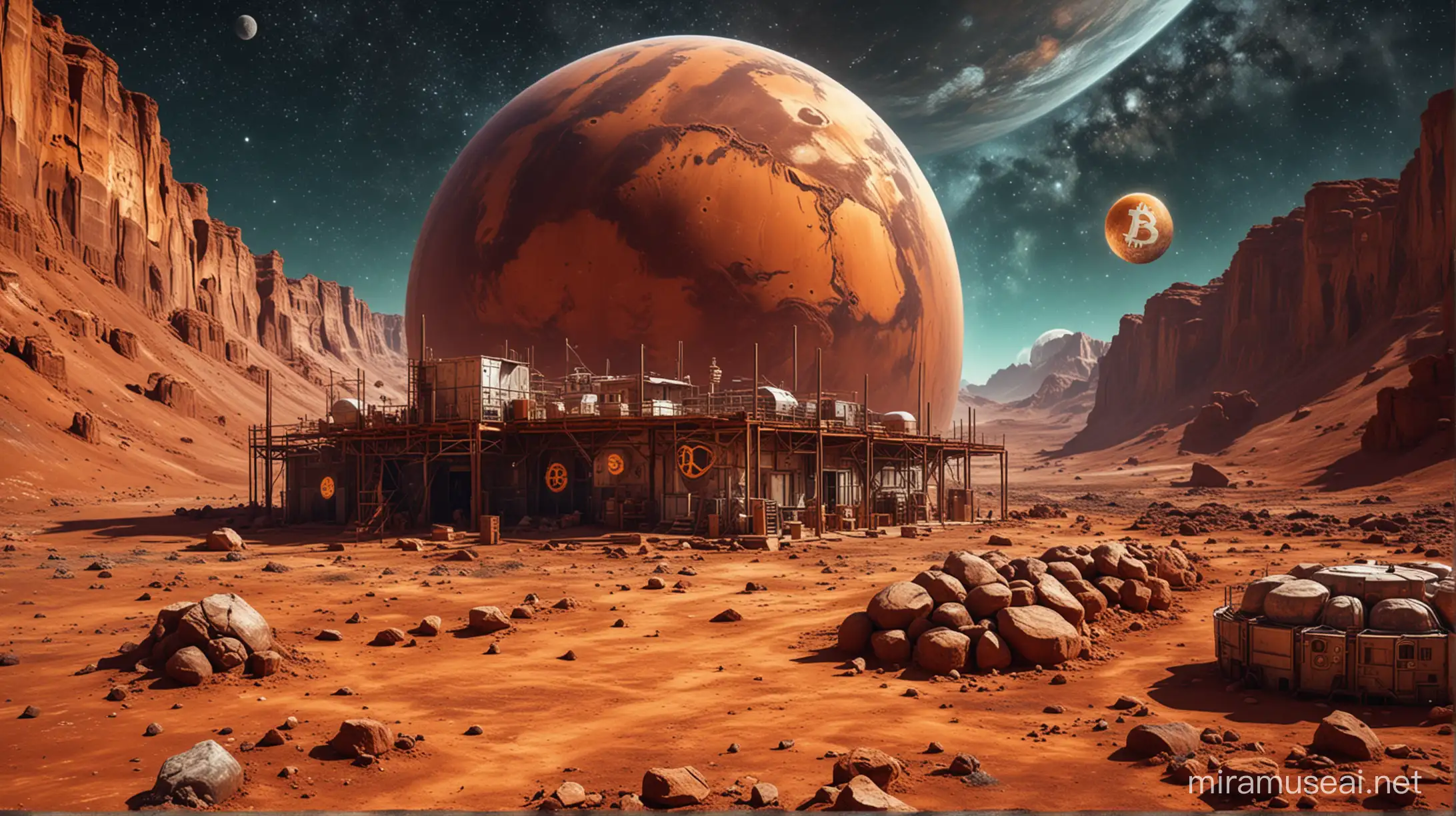 Rustic Mars Colony with Vintage Space Headquarters and Bitcoin Cryptocurrency Background