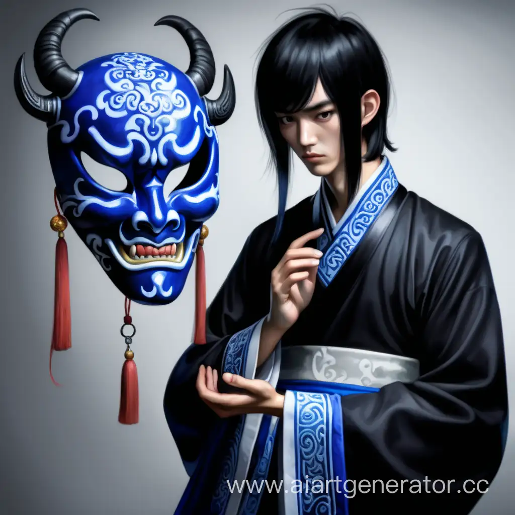 молодой худой парень китаец в чёрно-сине-белой традиционной одежде, с чёрными волосами,  печально смотрит на демоническую маску у себя в руке