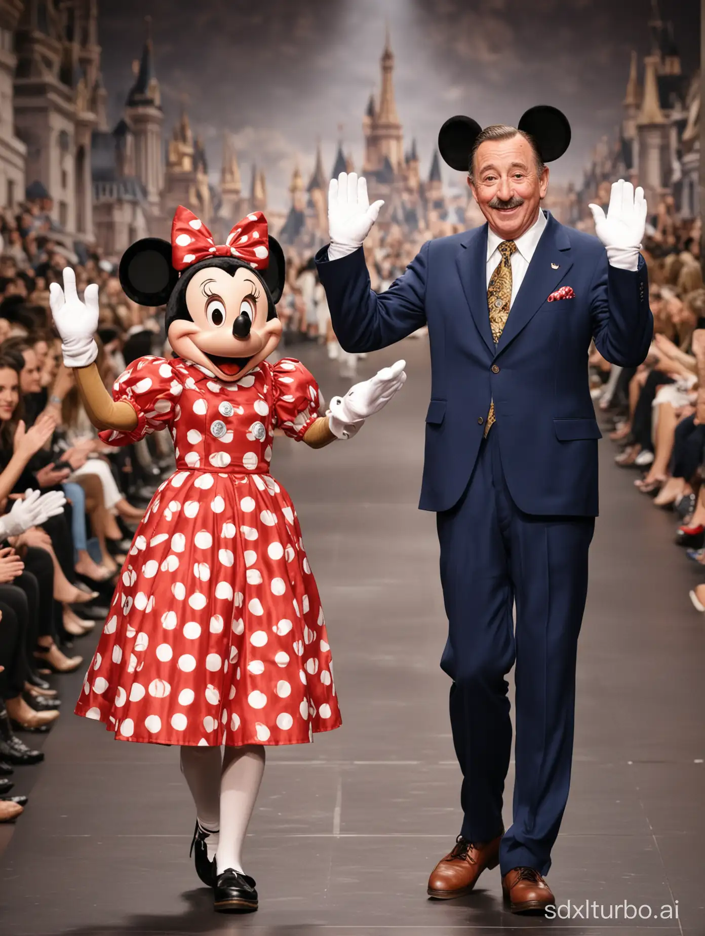 Walt Disney and Mickey Mouse walk the runway together, real Walt Disney, real Mickey Mouse, (smile), (full body), (audience on both sides), Paris Collection runway, waving hands, (super detailed hands)