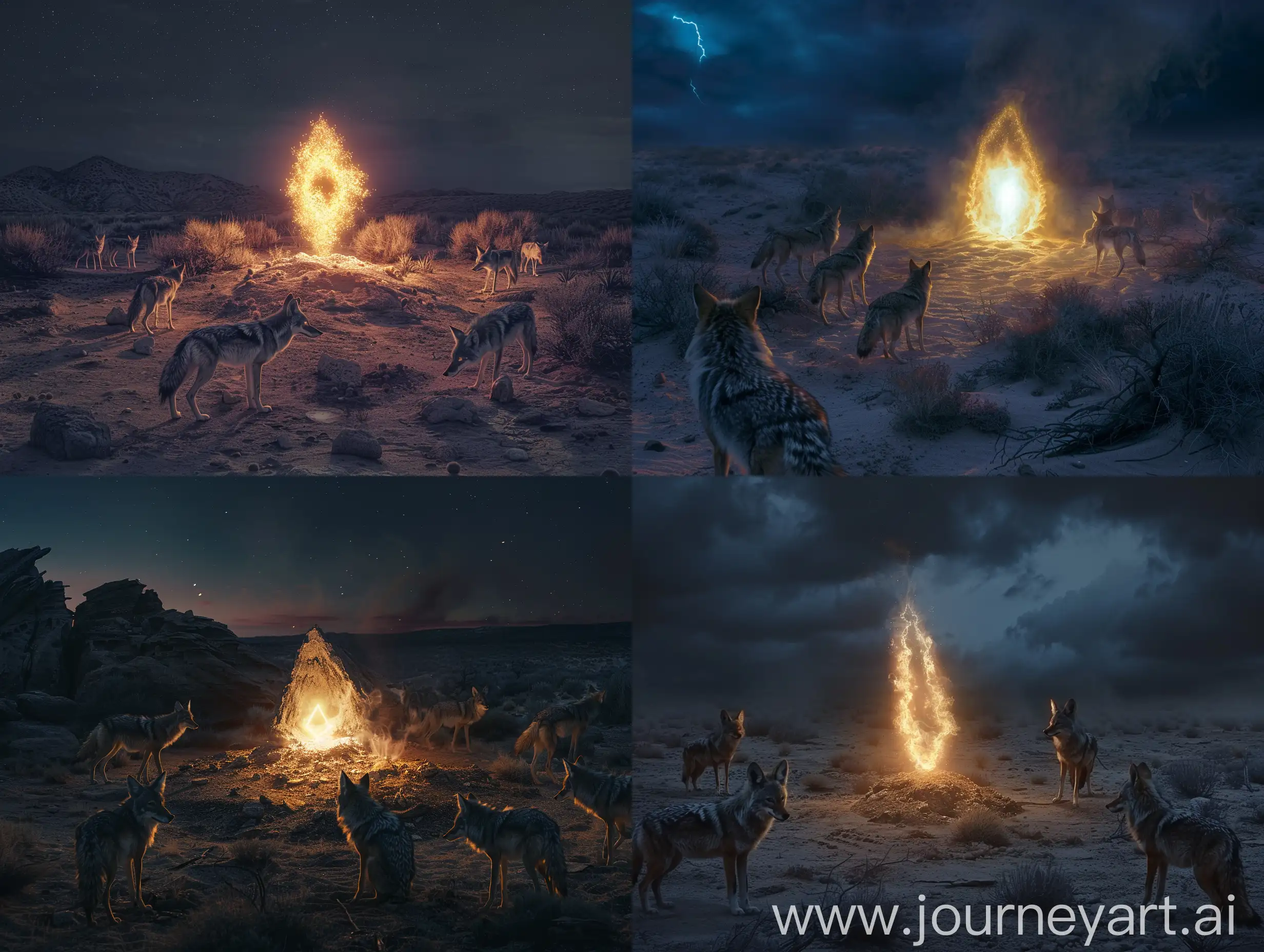 desert landscape at night with glowing shape coming out of the ground surrounded by pack of coyotes realistic lighting photograph raw moody symbol ar Image