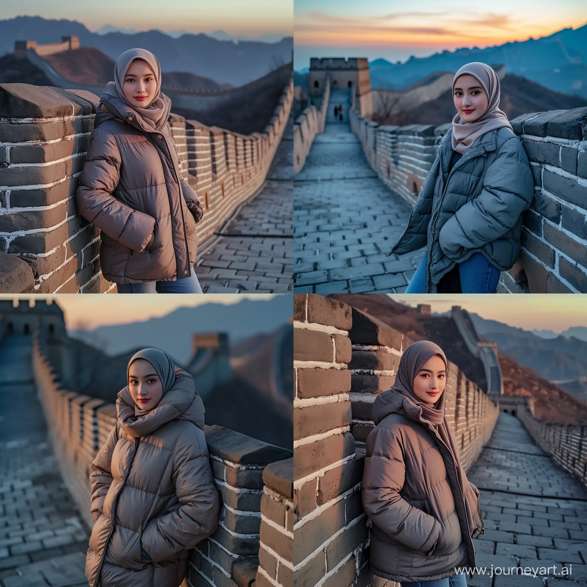 an Indonesian Javanese woman (25 years old, oval and clean face, hijab, thin body, Indonesian-style skin, wearing a thick winter jacket, jeans) standing posing like a model on the Great Wall of China, photo slightly tilted to the side, visible face, atmosphere night, minimal lighting, sunset light. ultra HD, real photo, very detailed, very sharp, 18mm lens, realistic, photography, leica camera