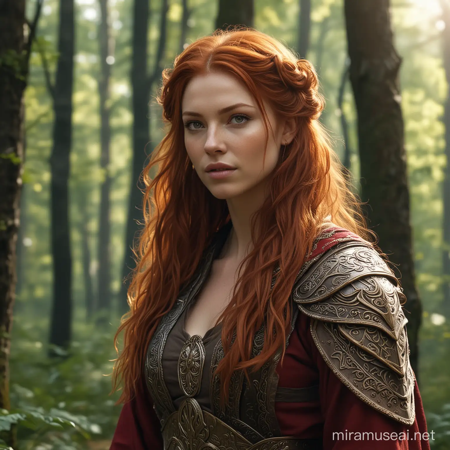 Create a beautiful and ultra-realistic image of a beautiful redhead with long and beautiful hair, dressed as a warrior, representing an Aries woman. His gaze is penetrating and enigmatic. She's in a forest. Show off the richness of detail in 8k. She has the robes like a warrior, from head to toe. She smiles, mockingly, with her head held high, bravely.