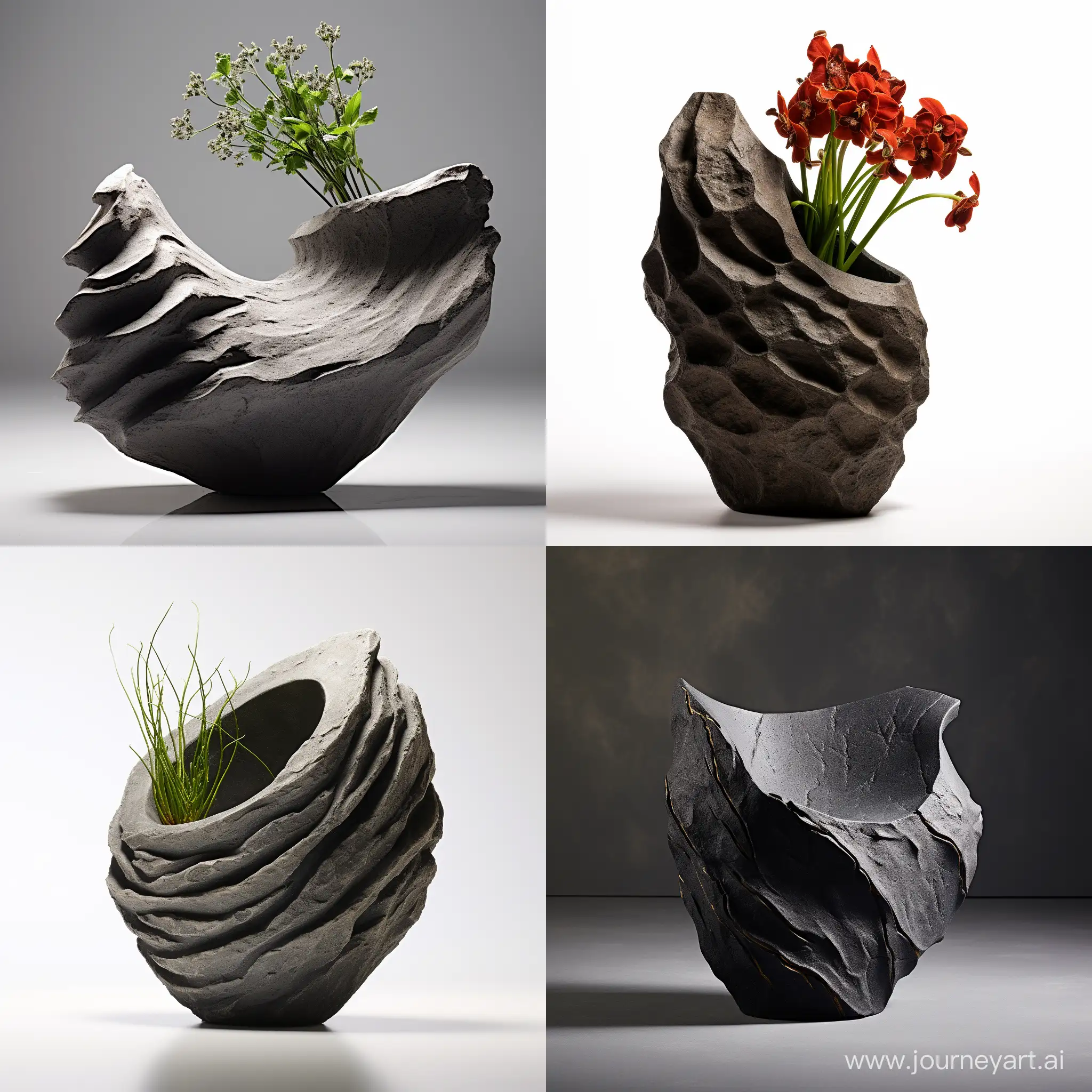 product design, 2050, designed by ron arad, a flowerpot made from a single piece of stone, featuring natural stone texture, exudes a strong sense of design, sleek and fluid design