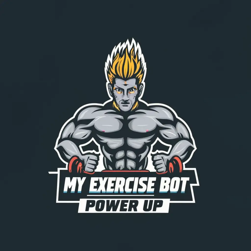 logo, Muscular Robot spiked hair, with the text "My Exercise Bot Power Up", typography, be used in Sports Fitness industry