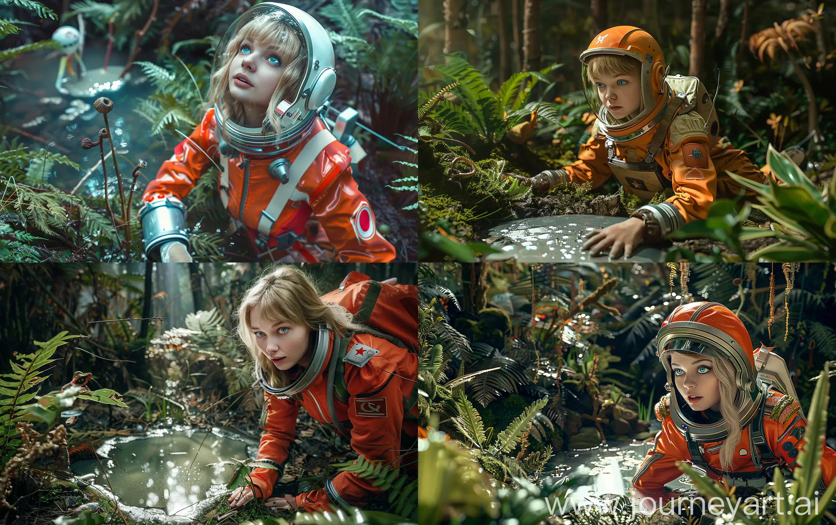 A beautiful blue eyes blonde in soviet union future spacesuit is enthusiastically exploring a fantastic planet in a mystierious forest with strange plants, small pond of silver liquid, fantastic friendly life forms at the distance, atmospheric effects, super realistic, cinematic --ar 16:10