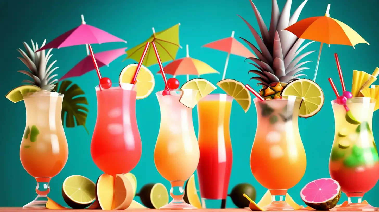 Create a fun image with lots of tropical cocktails at different angles 