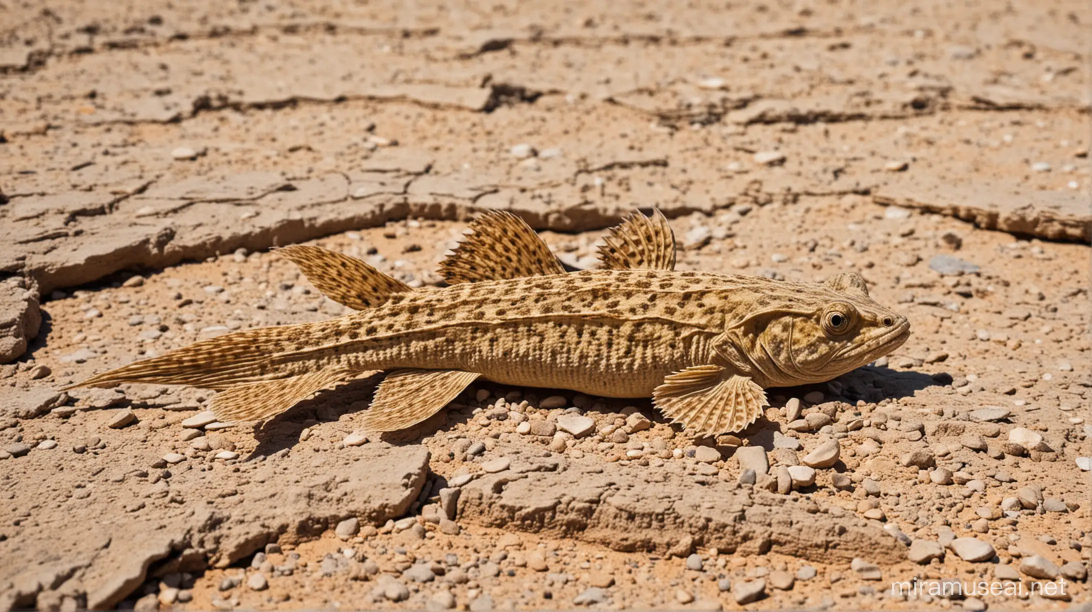 a extremely dry pleco fish in a dry cracked desert environment