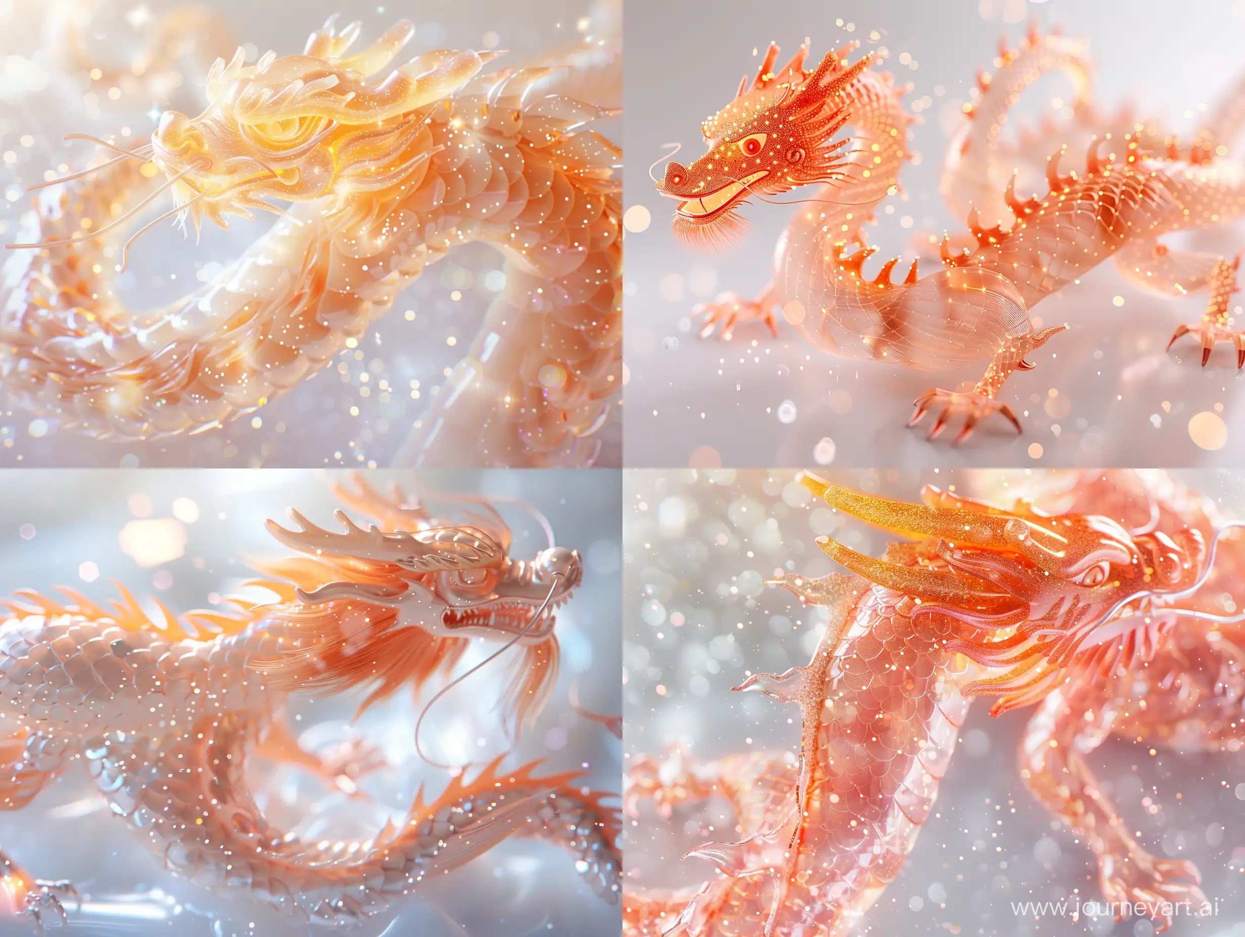 Chinese New Year, auspicious Dragon theme, a starry magic is being used on graphics, abstract minimalist dragon design, translucent fluorescent, Glow particle, Optical Flares, close up, subtle Peach Fuzz on white, clear background, C4D OC render style, soft natural lighting, simple and elegant space, Close-up stylize 250