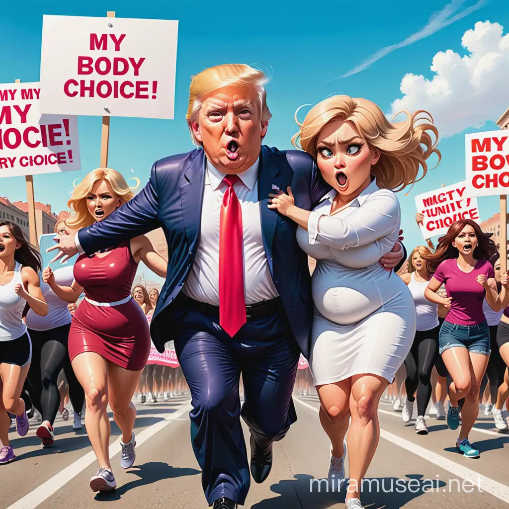 An extra plump cartoon of Donald Trump hugging running away from women angry  with signs saying "My body my choice!"