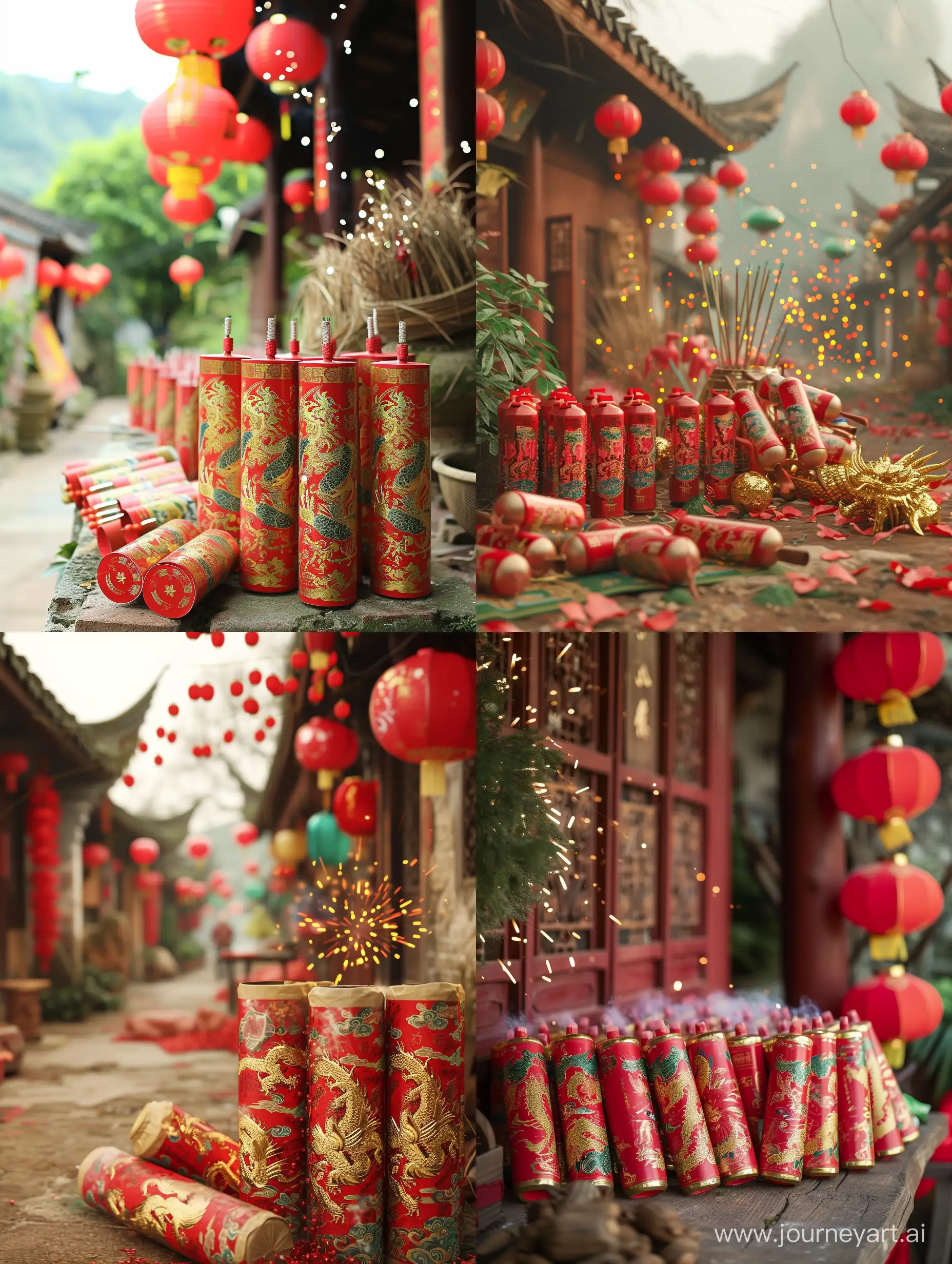 (The image of the golden dragon in Chinese mythology), (Harmonious and lovely), (Lunar New Year celebration), (Firecrackers), (Red lanterns), (Joyful atmosphere), (Traditional Asian village), (Nelson Wu), (Red), (Gold), (Green), (High precision), (Medium shot). --v 6 --ar 3:4 --no 18056