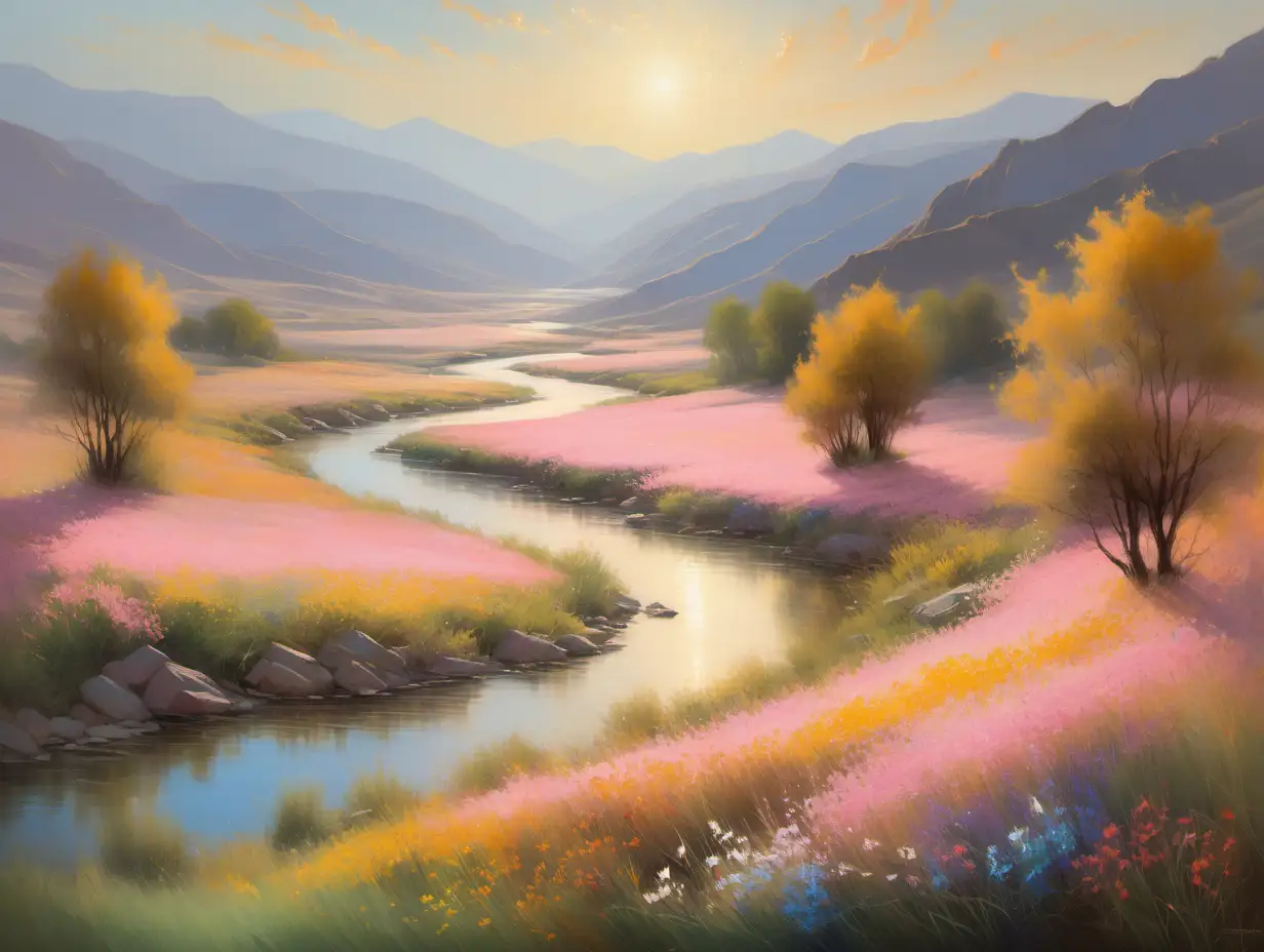 A Golden Reverie Sunlit Valley at Dawn with River and Wildflowers