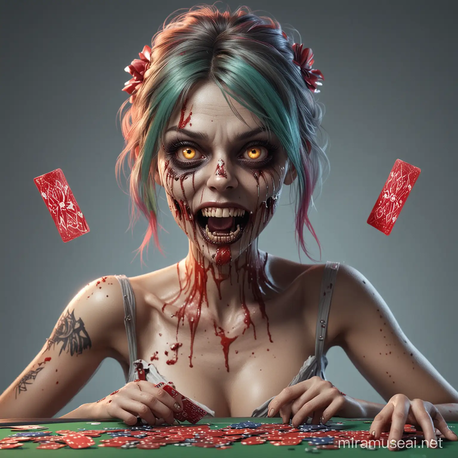Spitting poker cards, zombie girl, beautiful, cute, colorful, vibrant, 3d render