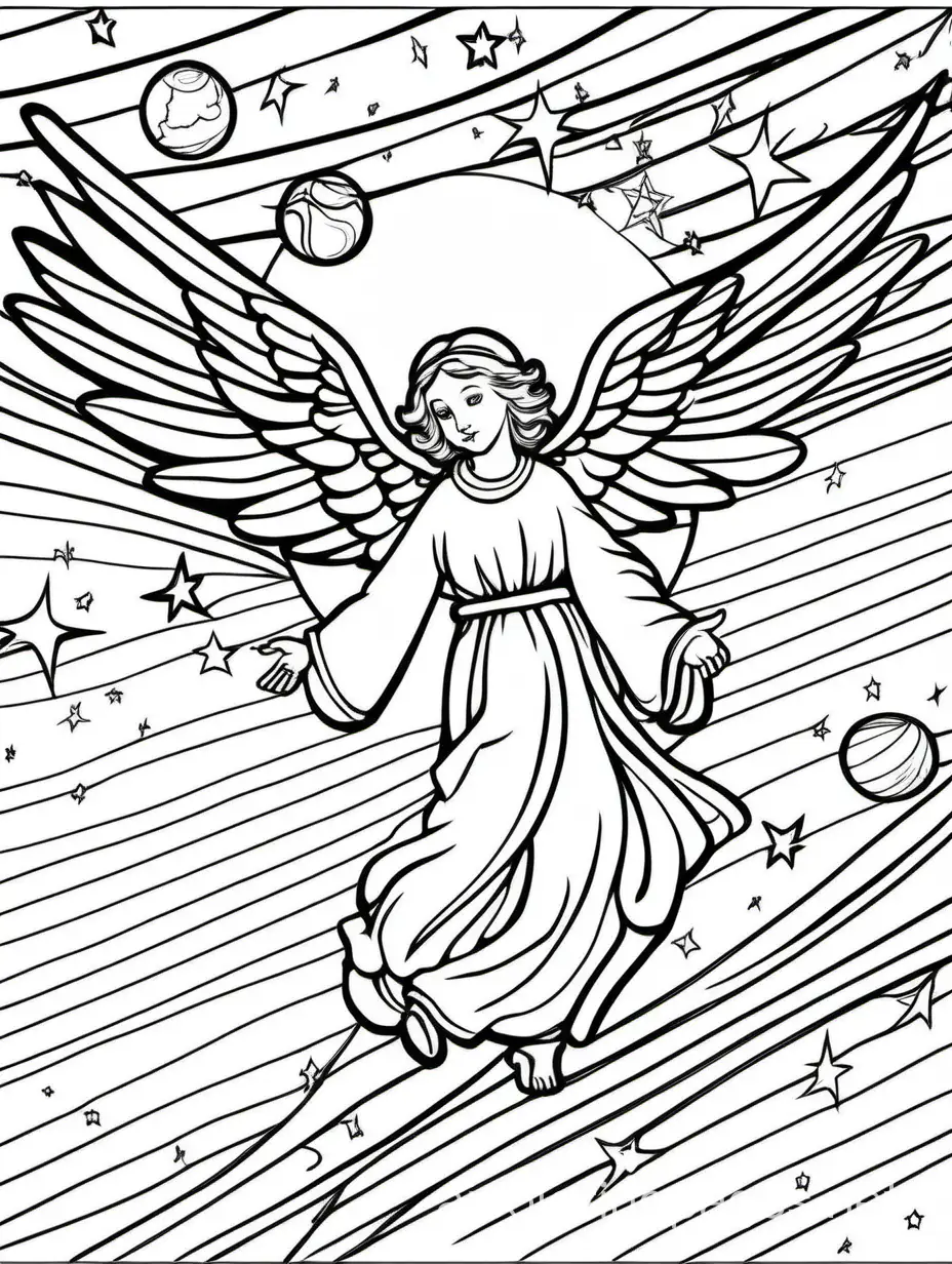 thin black lines, white background, a beautiful angel  flying horizontally towards planet Earth for Christmas Blessings., Coloring Page, black and white, line art, white background, Simplicity, Ample White Space. The background of the coloring page is plain white to make it easy for young children to color within the lines. The outlines of all the subjects are easy to distinguish, making it simple for kids to color without too much difficulty