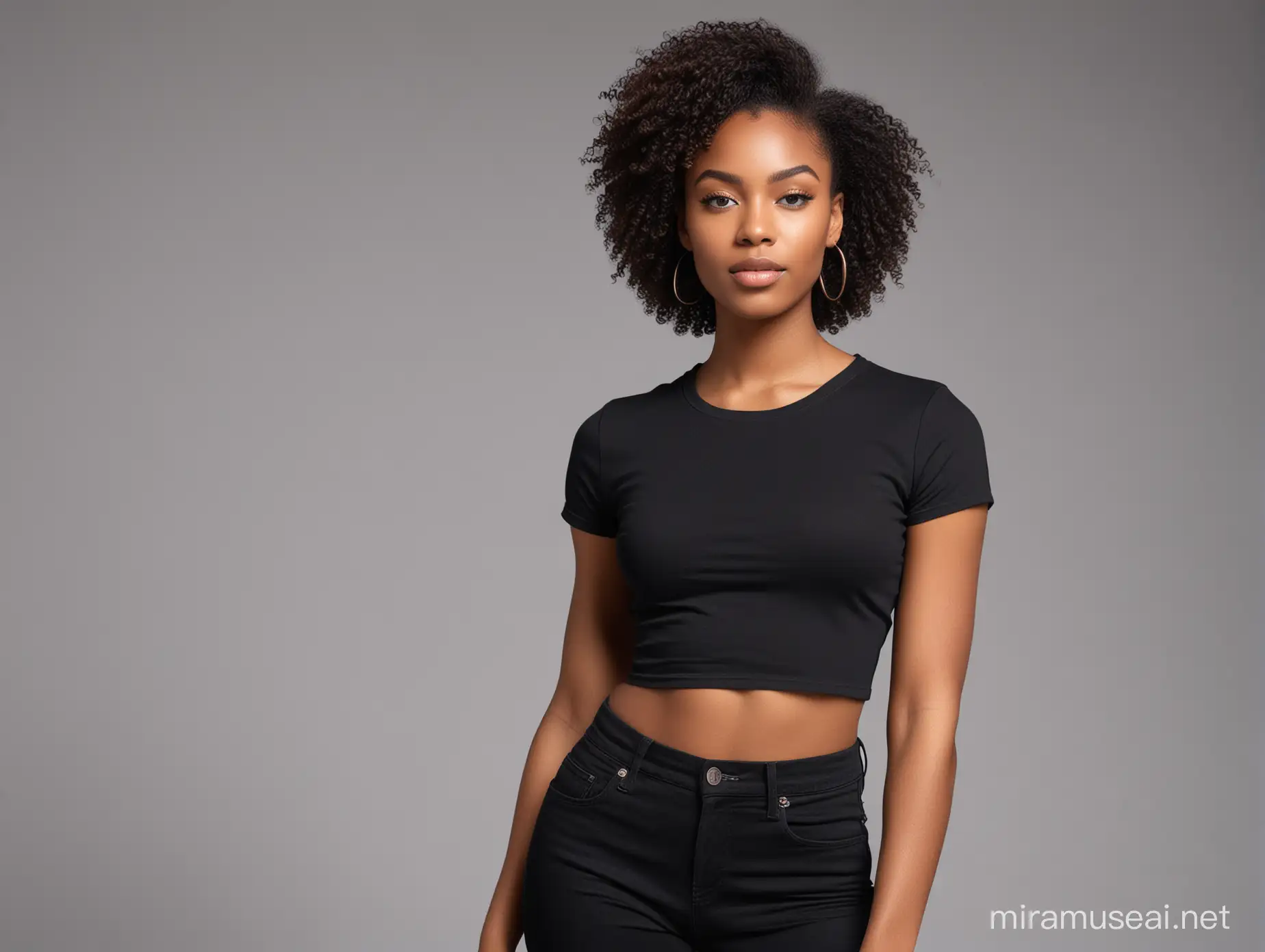 A beautiful black woman model wearing a blank black crop top t-shirt