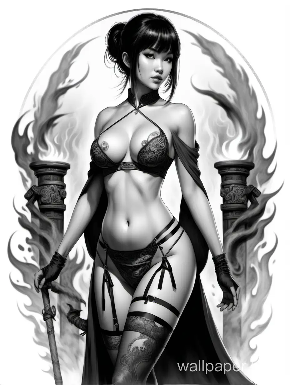 Young Kamila Valieva. 4-size breasts. Narrow waist. Wide hips. Pumped abs. Short dark hair with bangs. Lace panties, stockings with garters. Protection on the right shoulder. Chinese fire mage. Black and white sketch, white background, full-length, fantasy art style