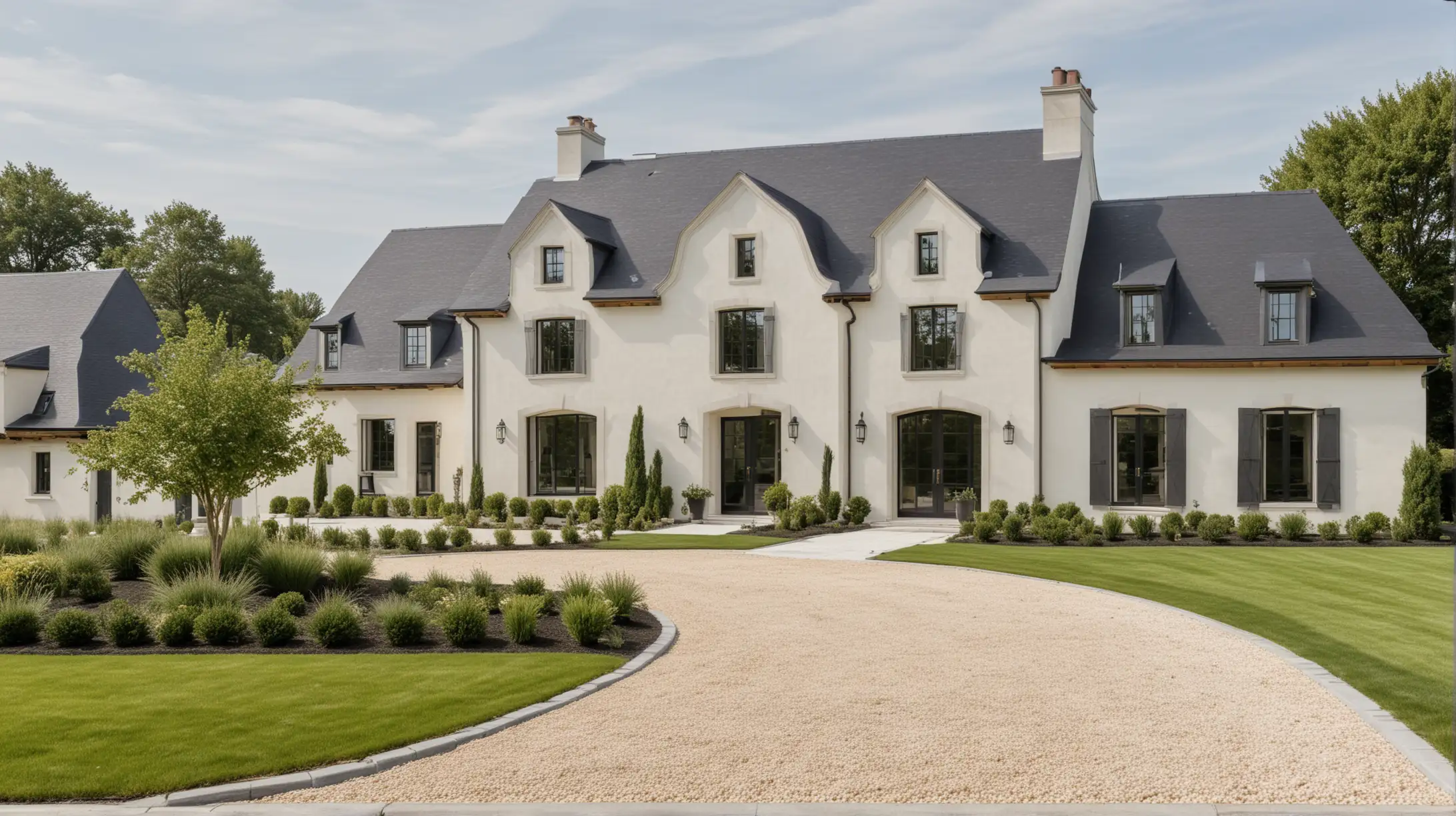 a modern French farmhouse with black roof large frontyard, gardens, walnut wood, ivory, brass,  limestone, grass, driveway, garage, 