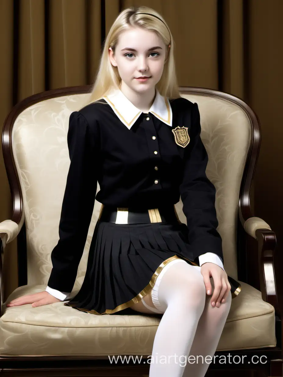 Blonde aged 20 years old in black student uniform, Pleated skirt with gold border, Sitting in a rich armchair, White knee-length stockings