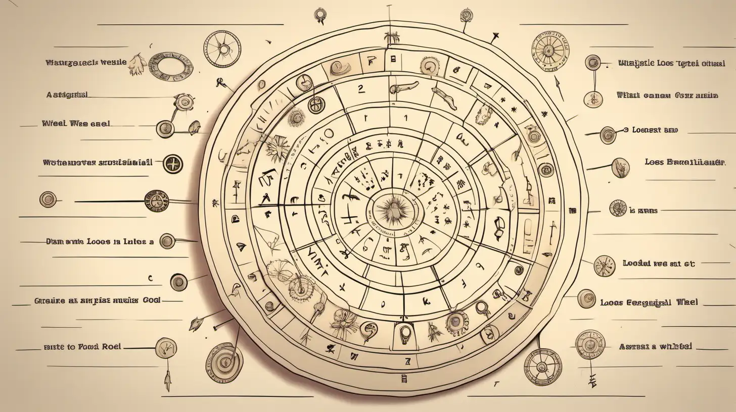 Draw an astrological wheel with a lot of  keys flaying around , loose lines , Loose lines. Muted color, add a banner with text