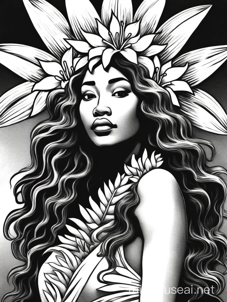 Draw me a black and white picture of a Hawaiian dancer with long wavy hair and an exotic look on her face as she looks up toward the sun. white background. She is not looking at me. She has a flower crown on her head made of plumerias. she is wearing a lei around her neck and she is not wearing earrings. Her skin is soft and light and her eyes are dark. She is in a kahiko pose at the shoreline toward the ocean.

