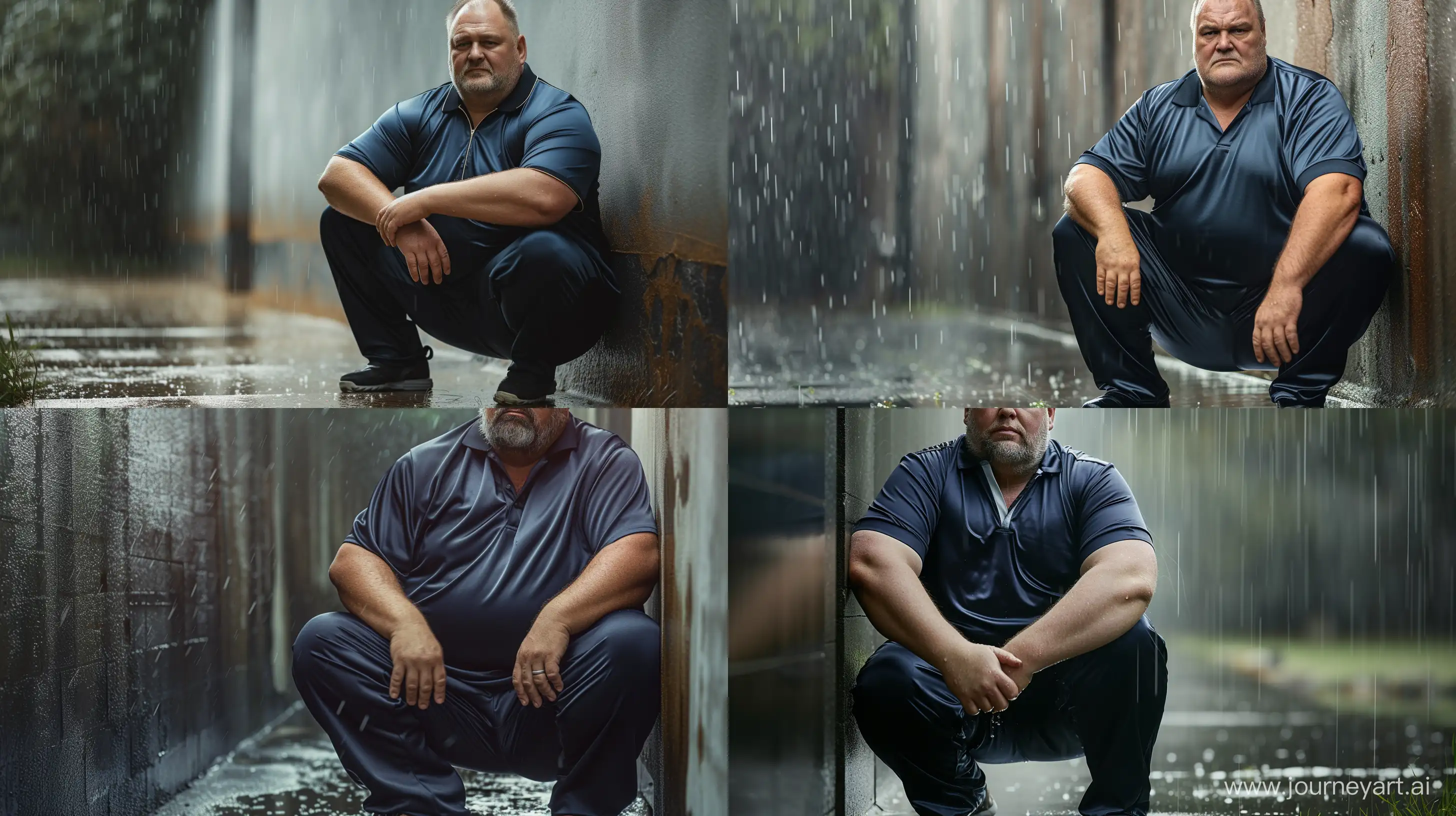 Front view close-up photo of a fat man aged 60 wearing a silk navy tracksuit pants and a tucked in sport silk polo shirt. Kneeling against a wall in the rain. Arms laying relaxed. --style raw --ar 16:9
