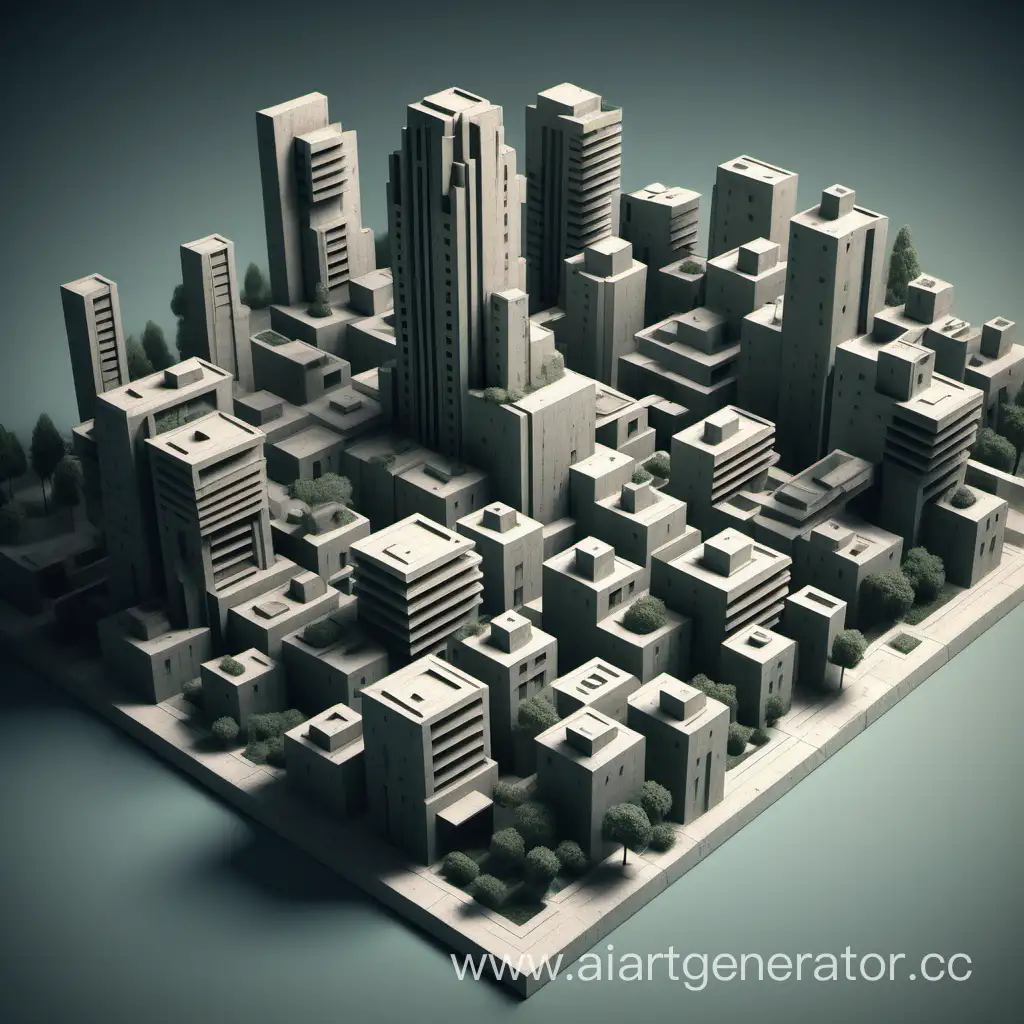 a three-dimensional city plan in the brutalist style, with dense buildings, there should be a very tall building in the center. park
