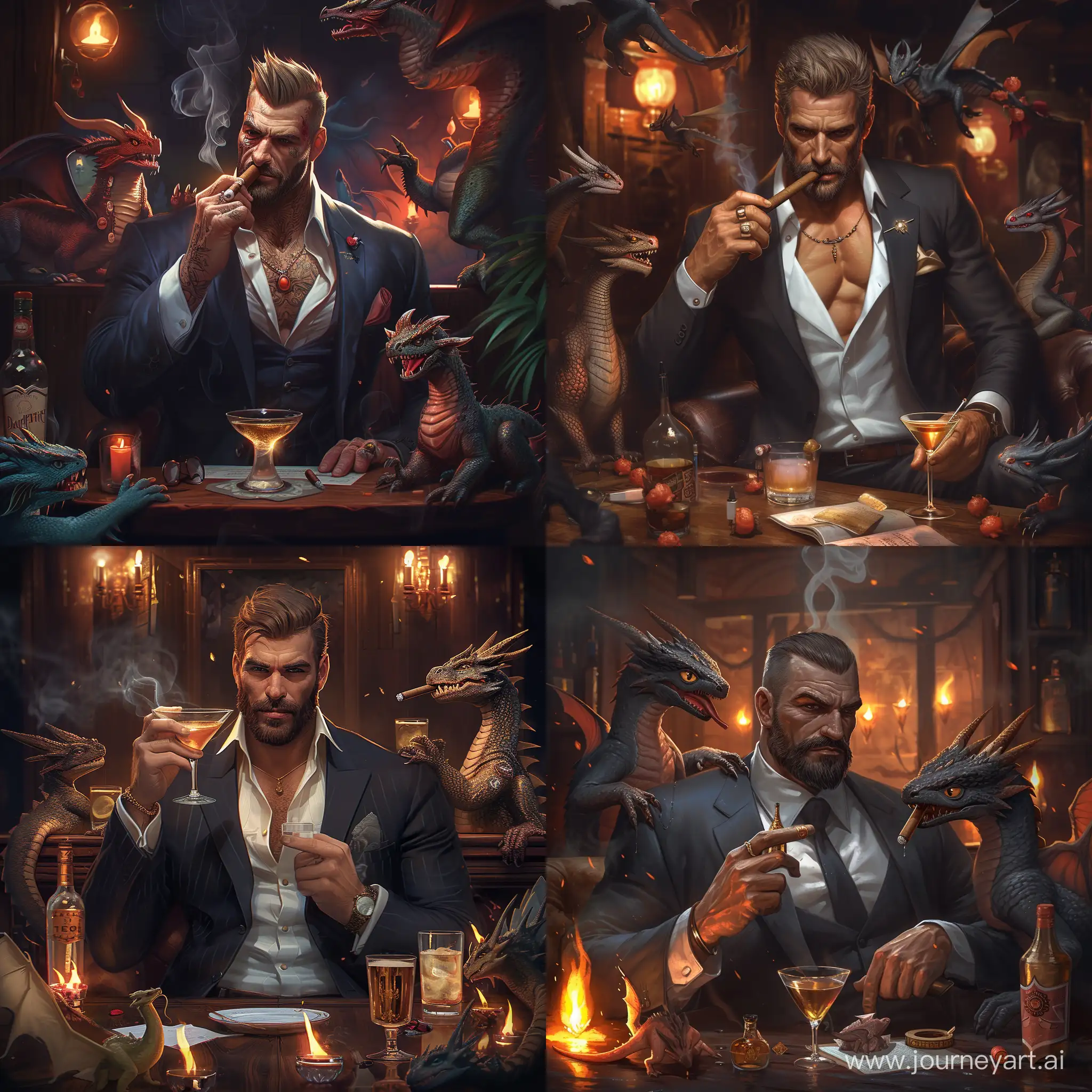a rough muscular male,wearing  business suit,smoking cigar,drinking Martini,tavern_scene,few cute dragon  around him, best quality,masterpiece,highres,original,extremely,
detailedwallpaper,perfectlightingextremelydetailedCG