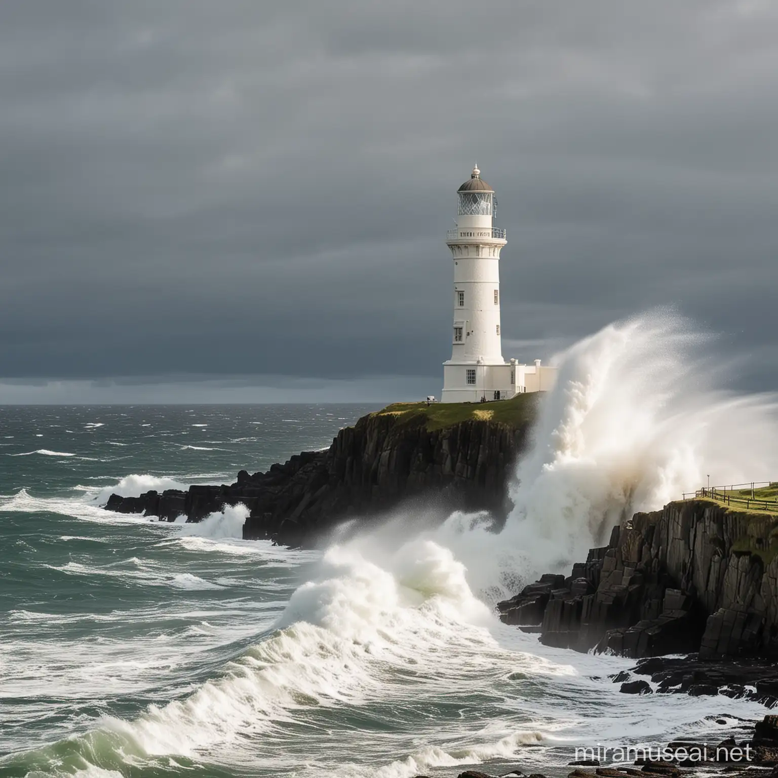 Am Rande einer schottischen Klippe zum Meer steht ein alter historischer Leuchtturm auf ihn kommt eine so große Welle auf ihn zu die fast größer ist als der Leuchtturm selber doch der Leuchtturm bleicht stark stehen 