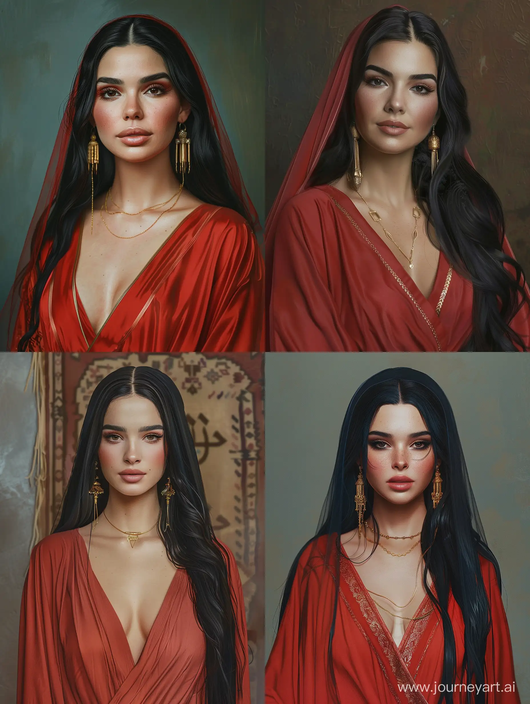 portrait of an adult beautiful elegant arab woman, long black slightly wavy hair, there are some hair strings at the side of her face, elegant, too beautiful, highly realistic, ruddy skin, beautiful, full lips, feeling of lightness and joy, hyperrealism, skin very elaborated, direct gaze, full upper body in picture, she wears a red moroccan caftan dress with a high neckline and no cleavage and the focus of the picture is on her face and shoulders. She also wears golden hanging earrings. She has black fox eyes, long eyelashes, olive skin colour, blushed cheeks, straight thick black eyebrows, her hair is covered by a long veil, golden necklace, slim face